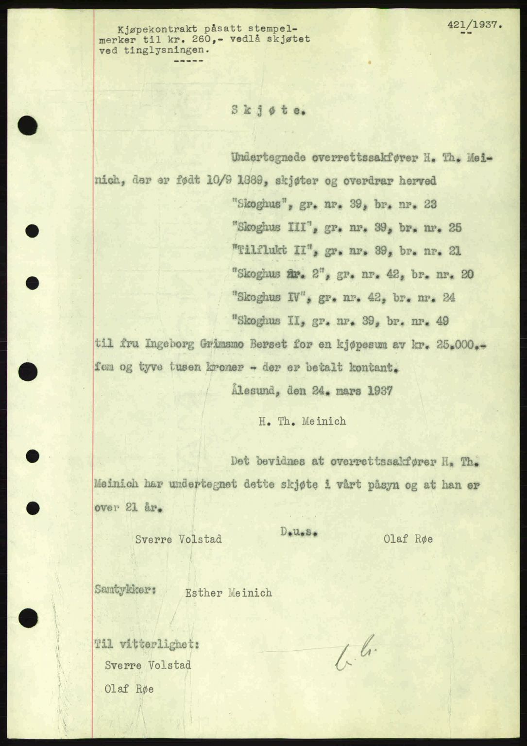 Nordre Sunnmøre sorenskriveri, AV/SAT-A-0006/1/2/2C/2Ca: Pantebok nr. A2, 1936-1937, Dagboknr: 421/1937