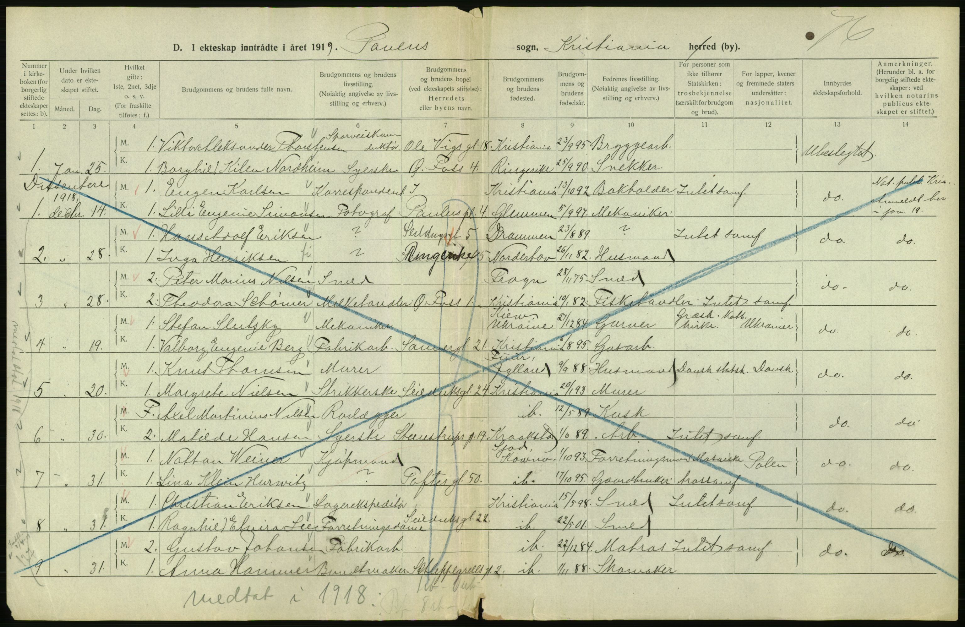 Statistisk sentralbyrå, Sosiodemografiske emner, Befolkning, AV/RA-S-2228/D/Df/Dfb/Dfbi/L0009: Kristiania: Gifte, 1919, s. 600