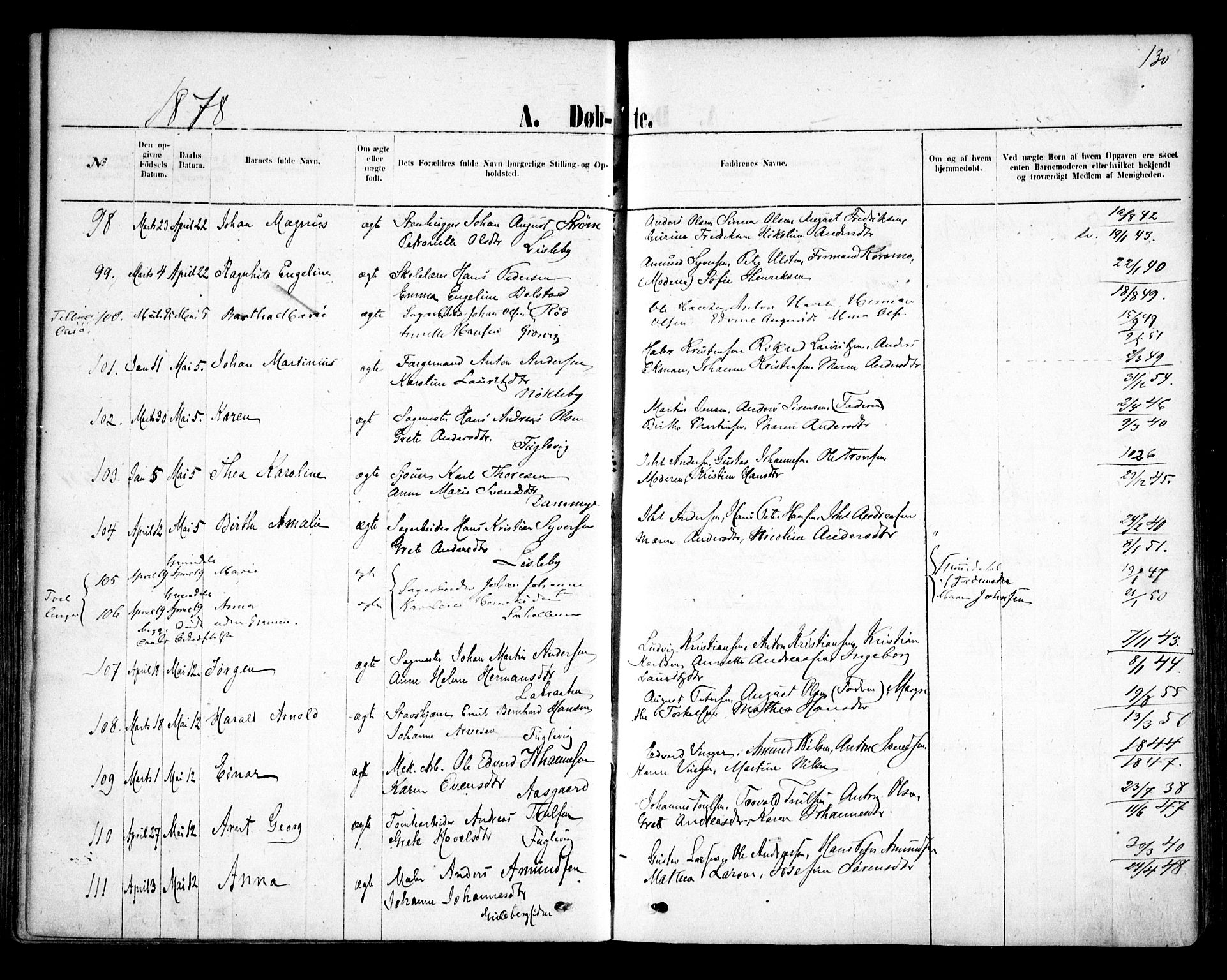 Glemmen prestekontor Kirkebøker, AV/SAO-A-10908/F/Fa/L0009: Ministerialbok nr. 9, 1871-1878, s. 130