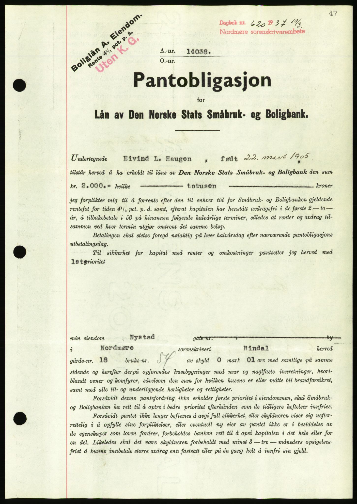 Nordmøre sorenskriveri, AV/SAT-A-4132/1/2/2Ca/L0091: Pantebok nr. B81, 1937-1937, Dagboknr: 620/1937