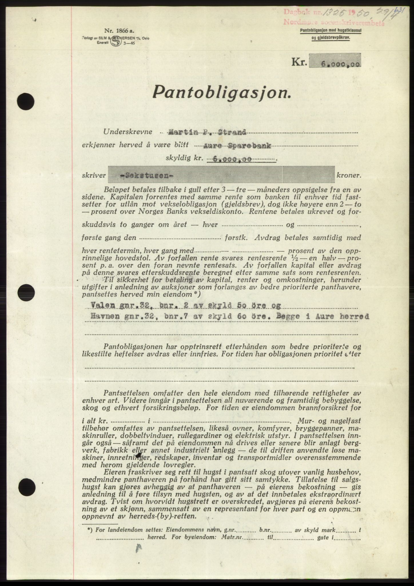 Nordmøre sorenskriveri, SAT/A-4132/1/2/2Ca: Pantebok nr. B104, 1950-1950, Dagboknr: 1325/1950