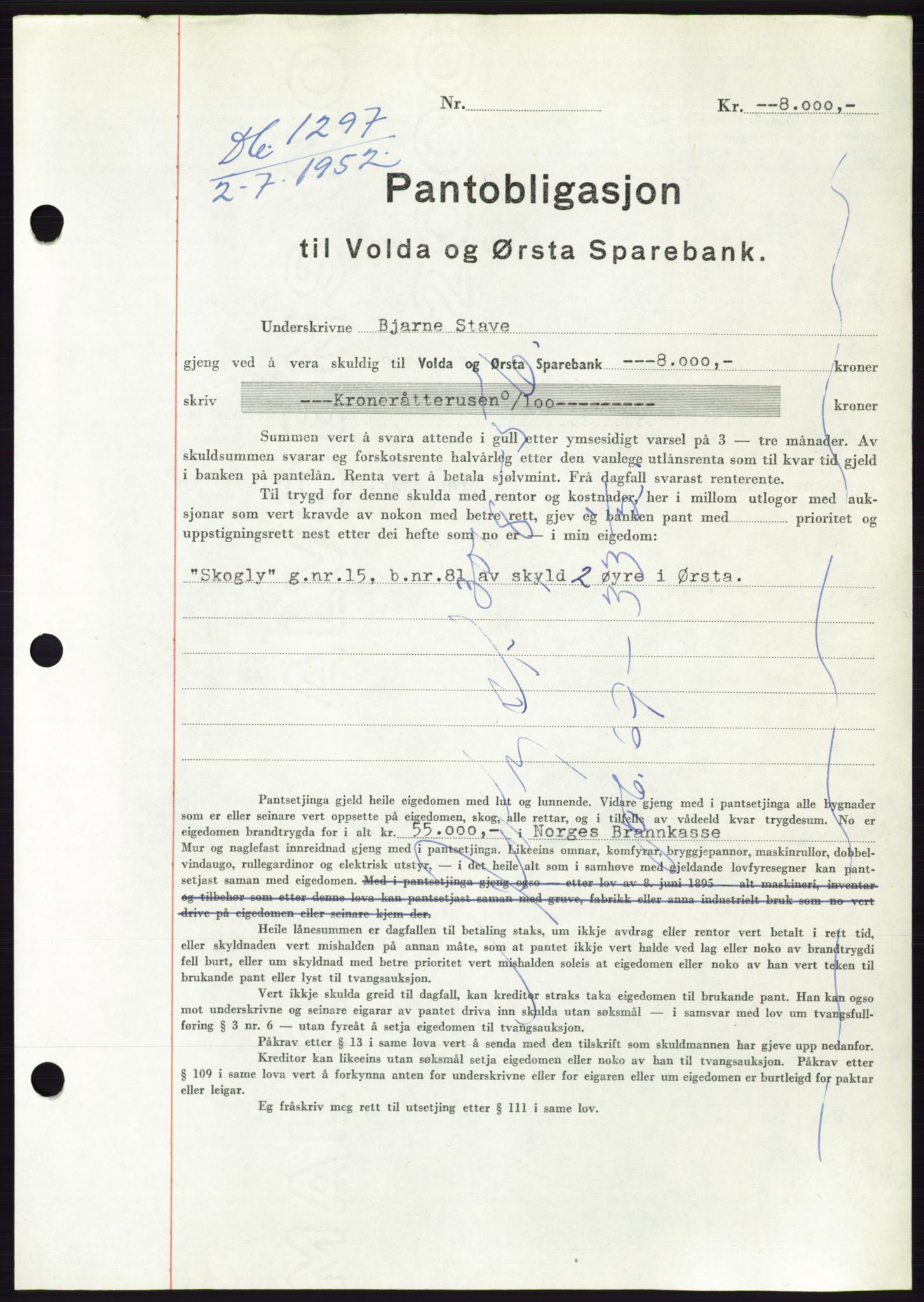 Søre Sunnmøre sorenskriveri, AV/SAT-A-4122/1/2/2C/L0121: Pantebok nr. 9B, 1951-1952, Dagboknr: 1297/1952