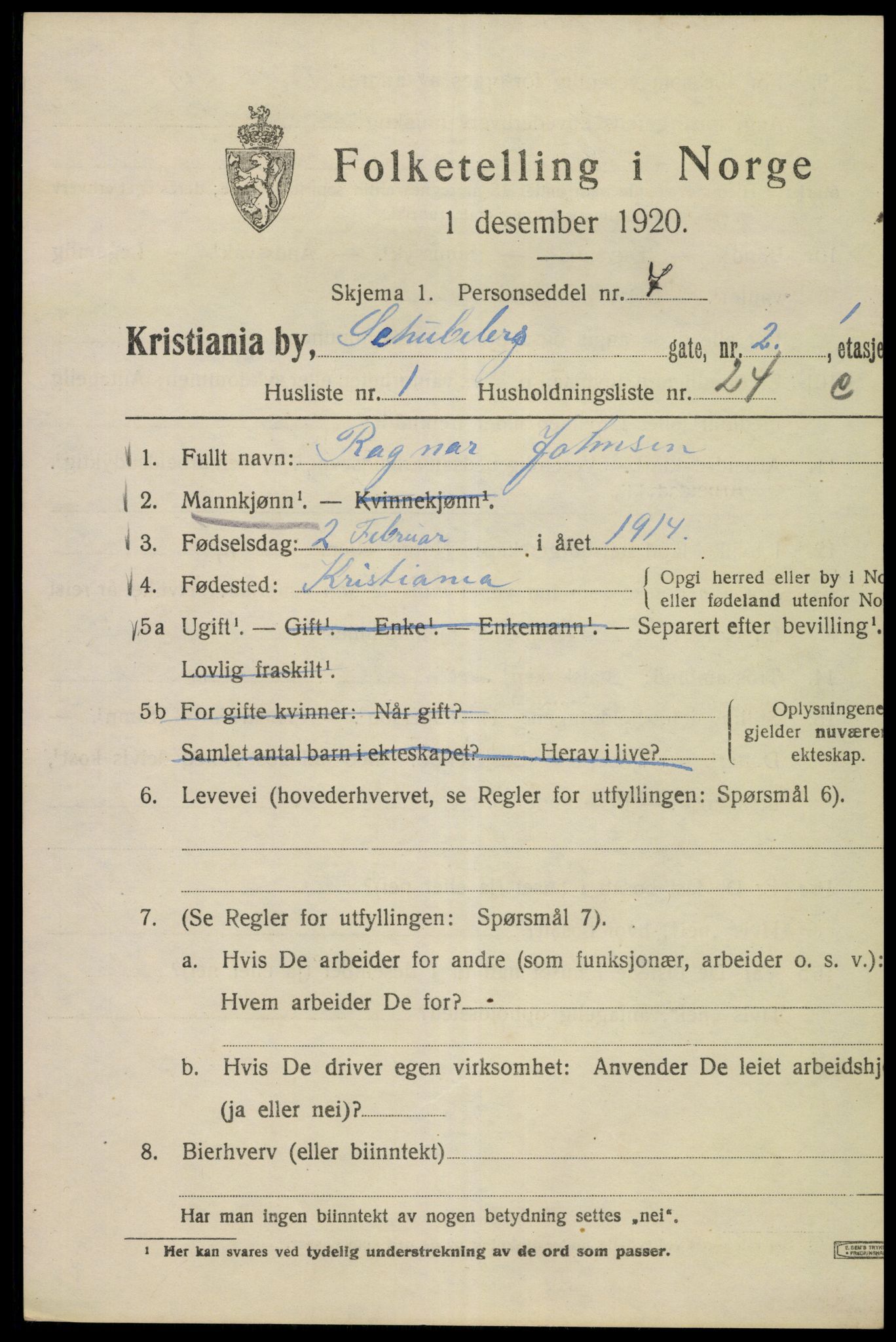 SAO, Folketelling 1920 for 0301 Kristiania kjøpstad, 1920, s. 505095