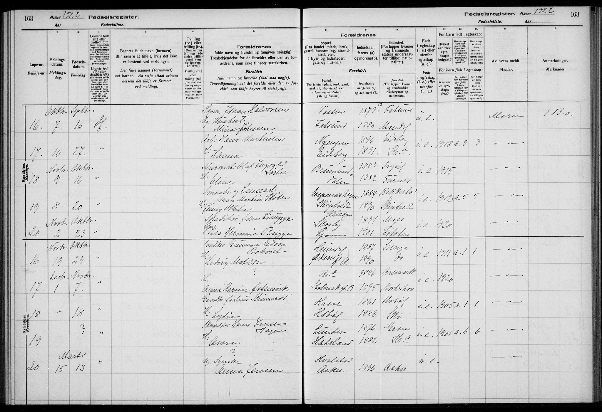 Rikshospitalet prestekontor Kirkebøker, AV/SAO-A-10309b/J/L0007: Fødselsregister nr. 7, 1922-1922, s. 163