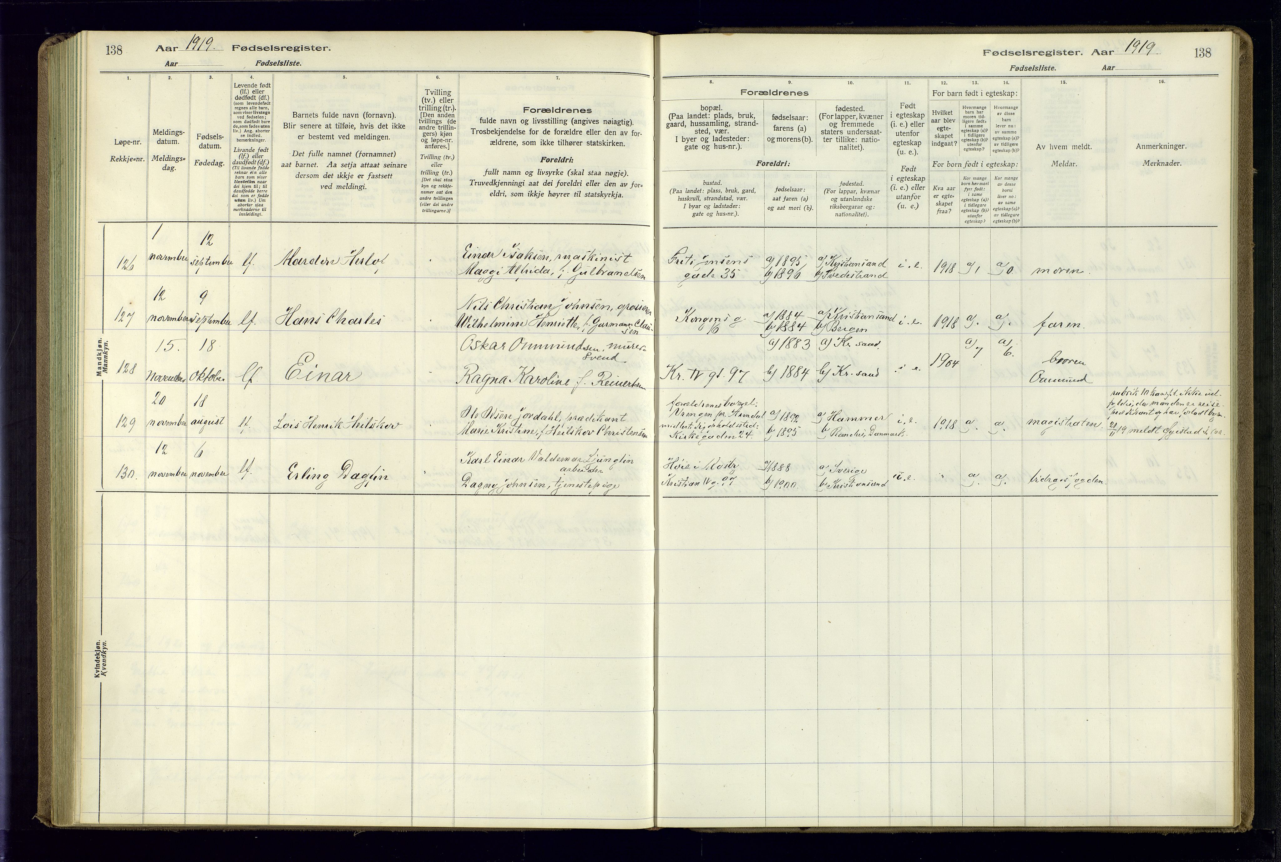 Kristiansand domprosti, AV/SAK-1112-0006/J/Jc/L0001: Fødselsregister nr. A-VI-45, 1916-1921, s. 138