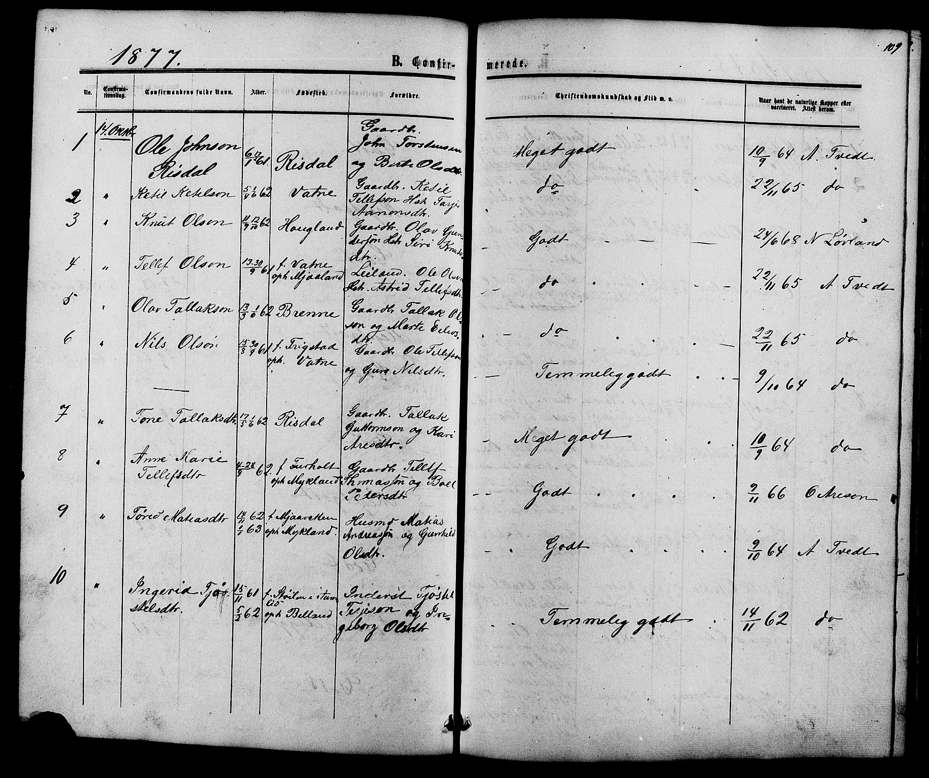 Herefoss sokneprestkontor, AV/SAK-1111-0019/F/Fb/Fbc/L0002: Klokkerbok nr. B 2, 1867-1886, s. 109