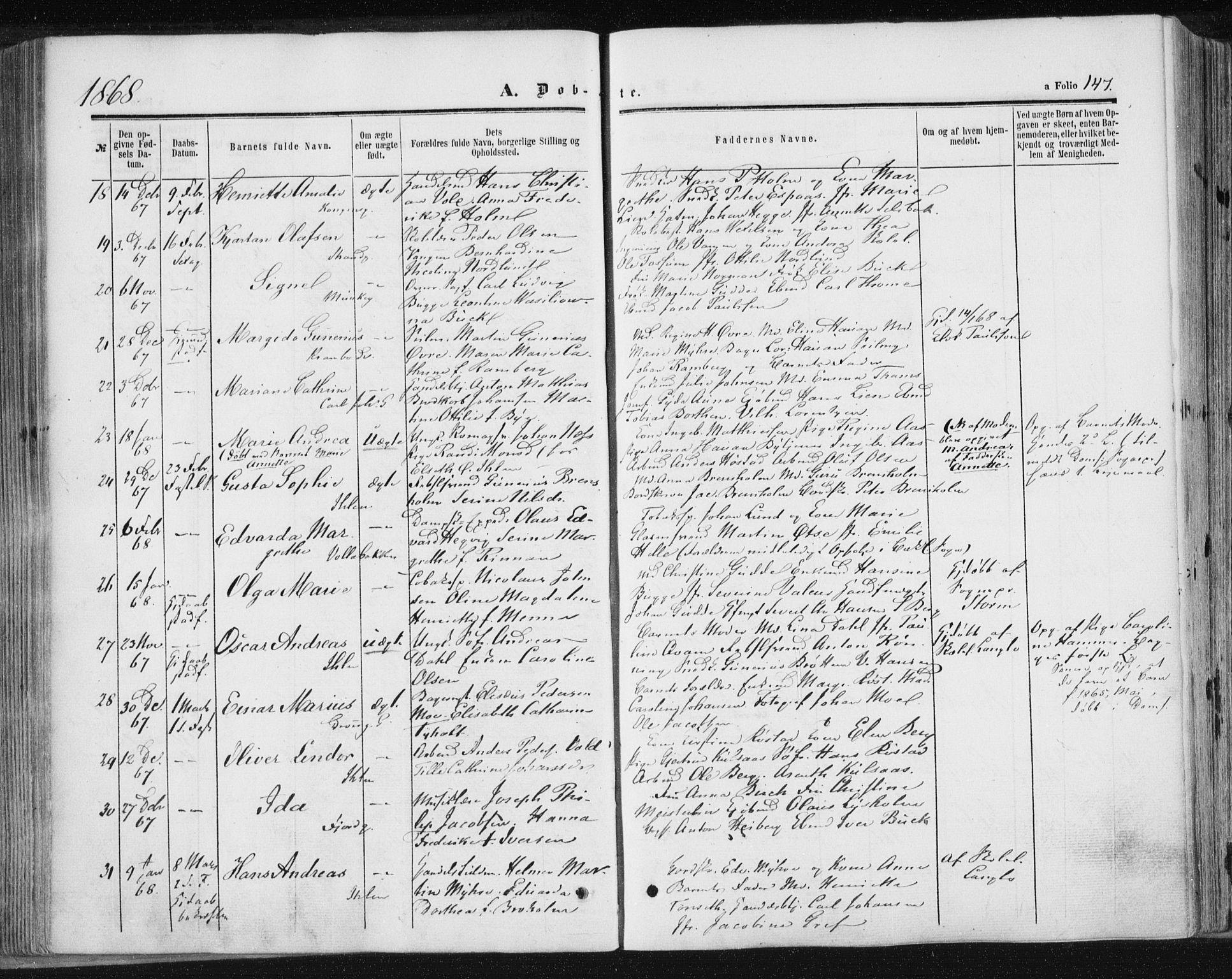 Ministerialprotokoller, klokkerbøker og fødselsregistre - Sør-Trøndelag, SAT/A-1456/602/L0115: Ministerialbok nr. 602A13, 1860-1872, s. 147