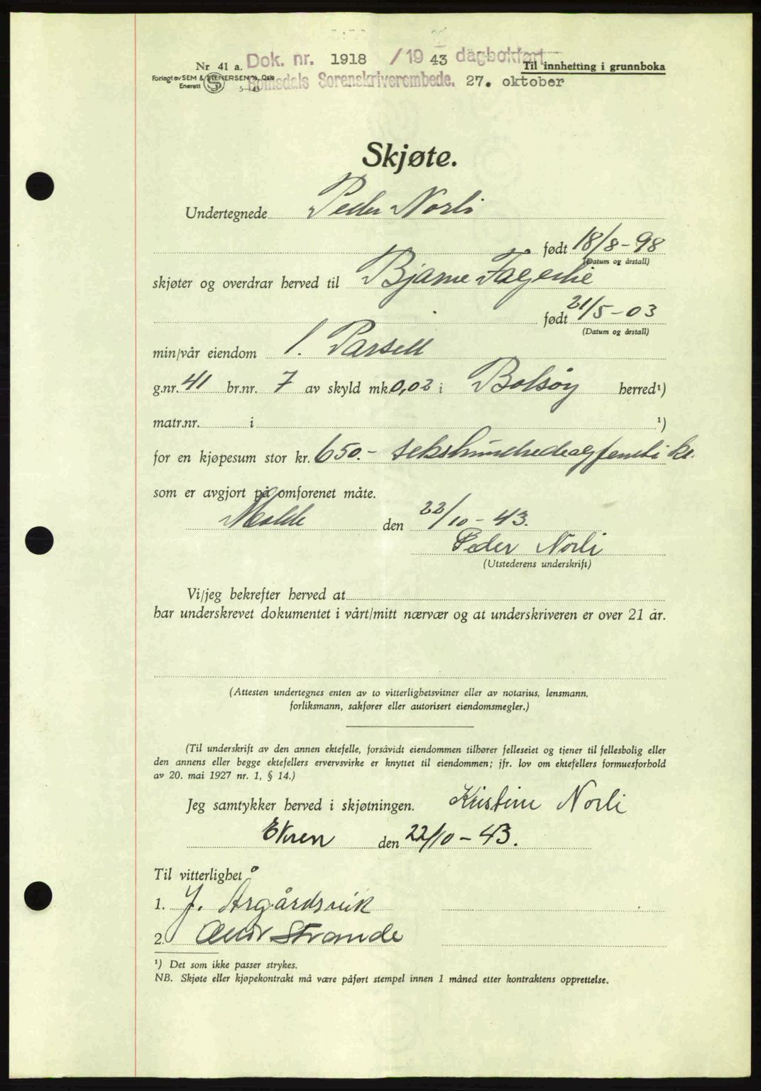 Romsdal sorenskriveri, AV/SAT-A-4149/1/2/2C: Pantebok nr. A15, 1943-1944, Dagboknr: 1918/1943