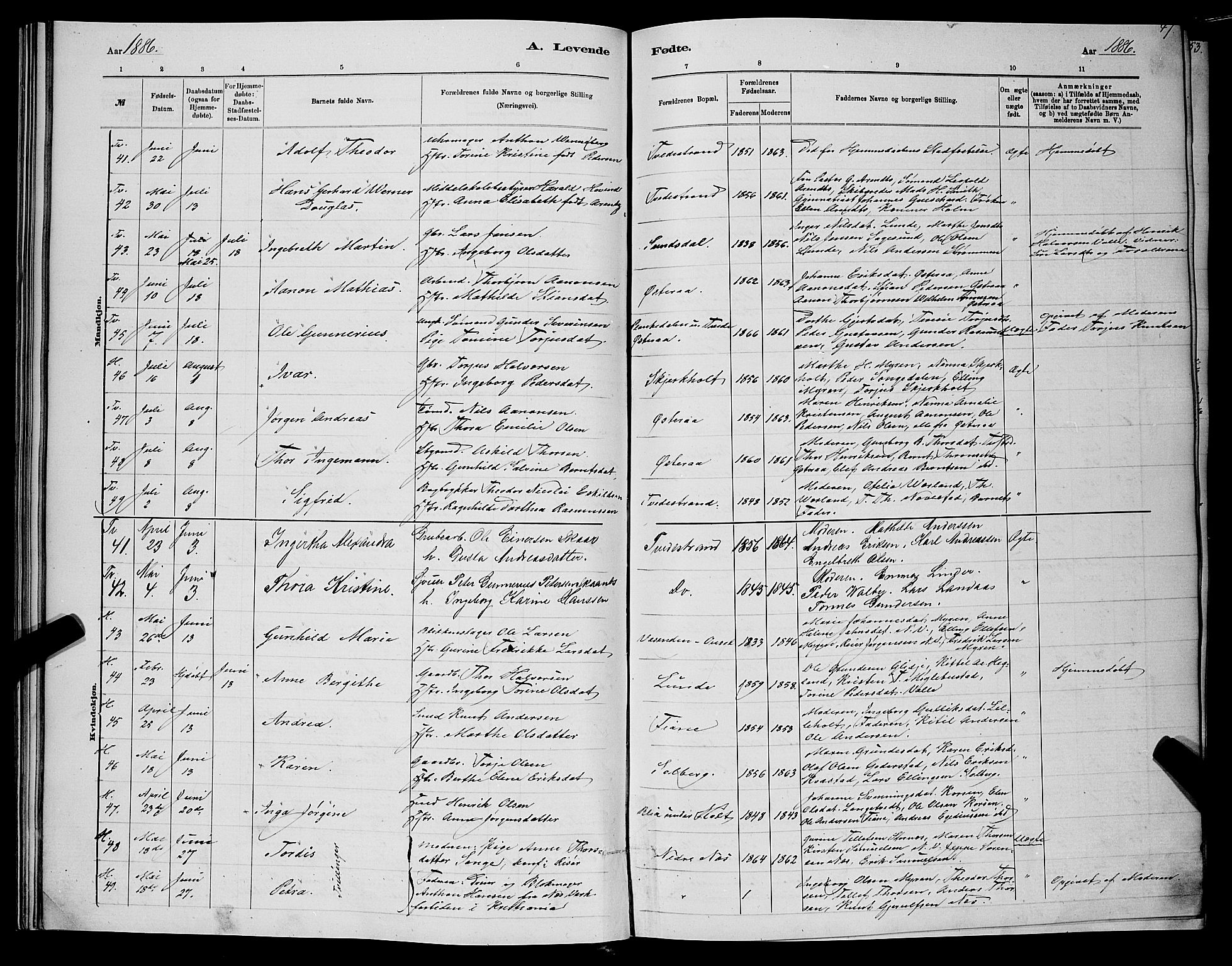 Holt sokneprestkontor, AV/SAK-1111-0021/F/Fb/L0010: Klokkerbok nr. B 10, 1883-1896, s. 47