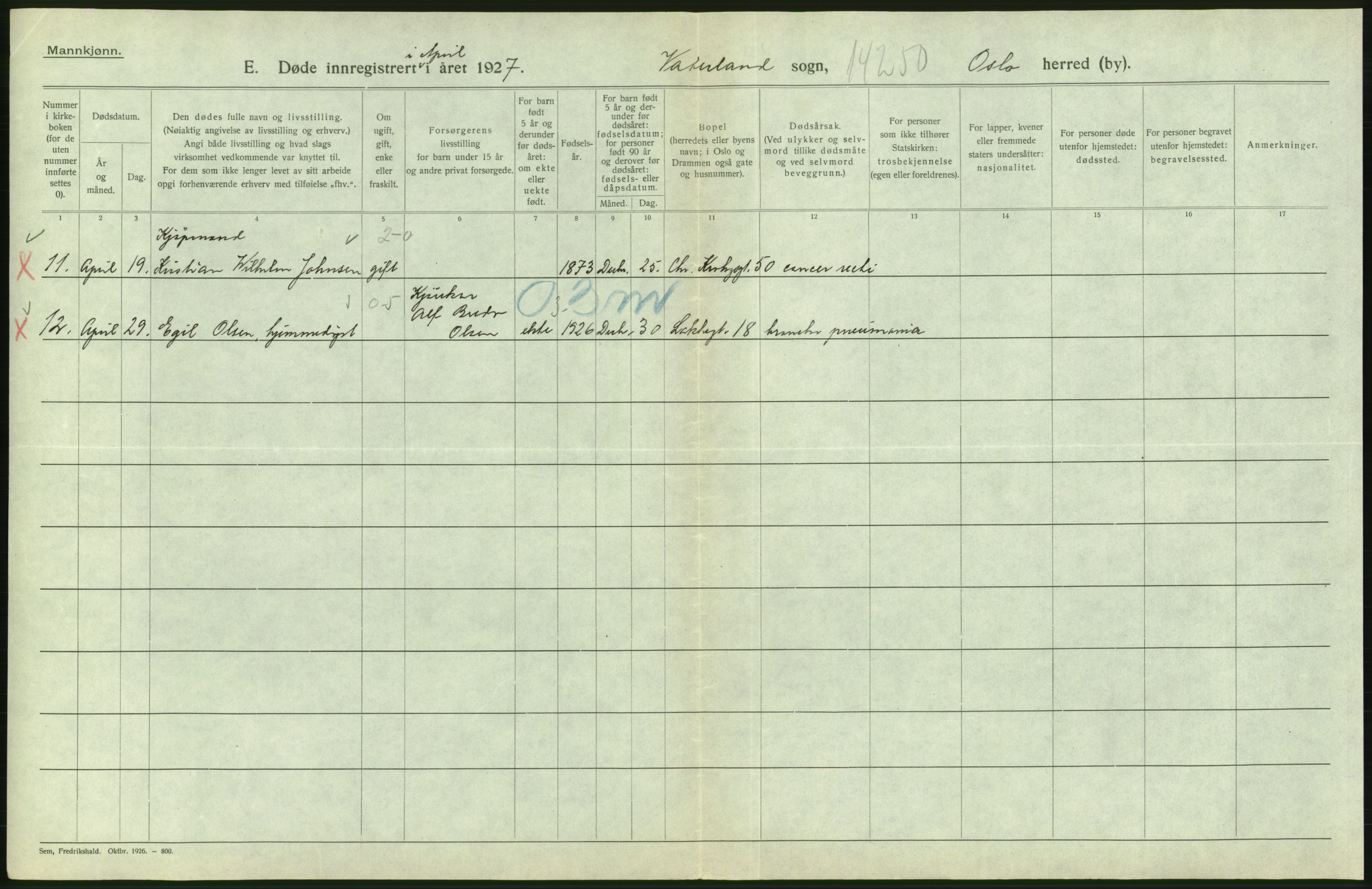 Statistisk sentralbyrå, Sosiodemografiske emner, Befolkning, AV/RA-S-2228/D/Df/Dfc/Dfcg/L0009: Oslo: Døde menn, 1927, s. 582