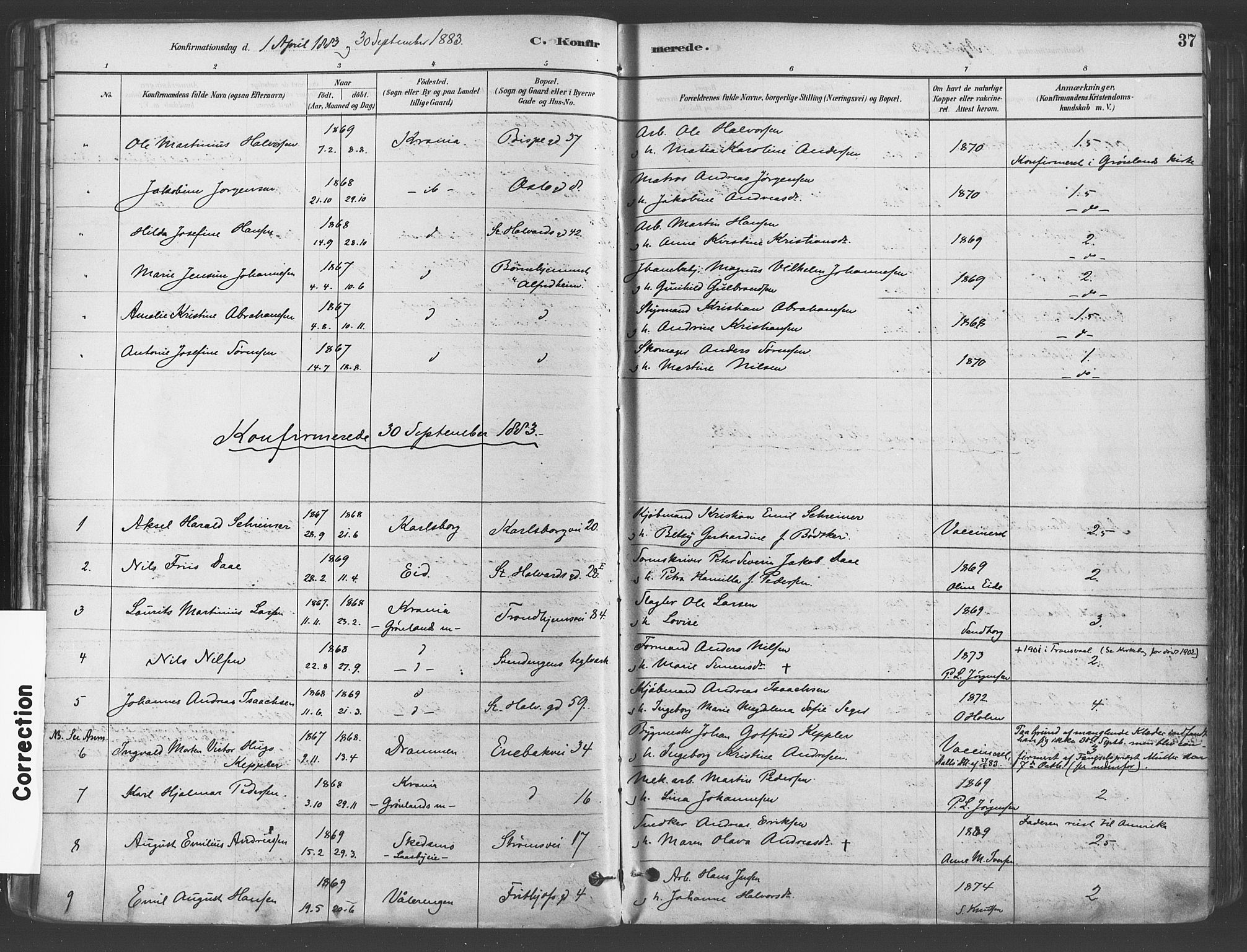 Gamlebyen prestekontor Kirkebøker, AV/SAO-A-10884/F/Fa/L0006: Ministerialbok nr. 6, 1881-1890, s. 37