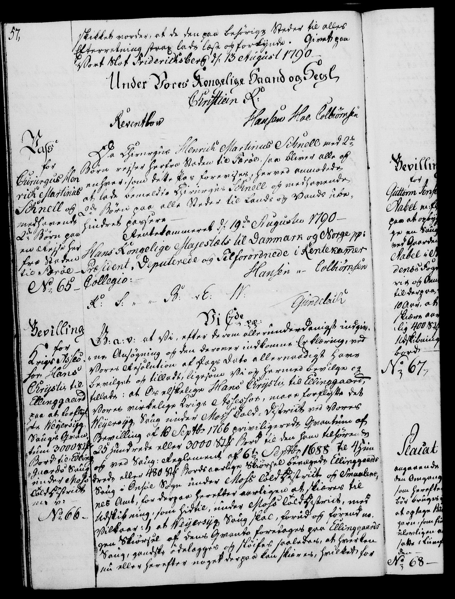 Rentekammeret, Kammerkanselliet, AV/RA-EA-3111/G/Gg/Gga/L0015: Norsk ekspedisjonsprotokoll med register (merket RK 53.15), 1790-1791, s. 57