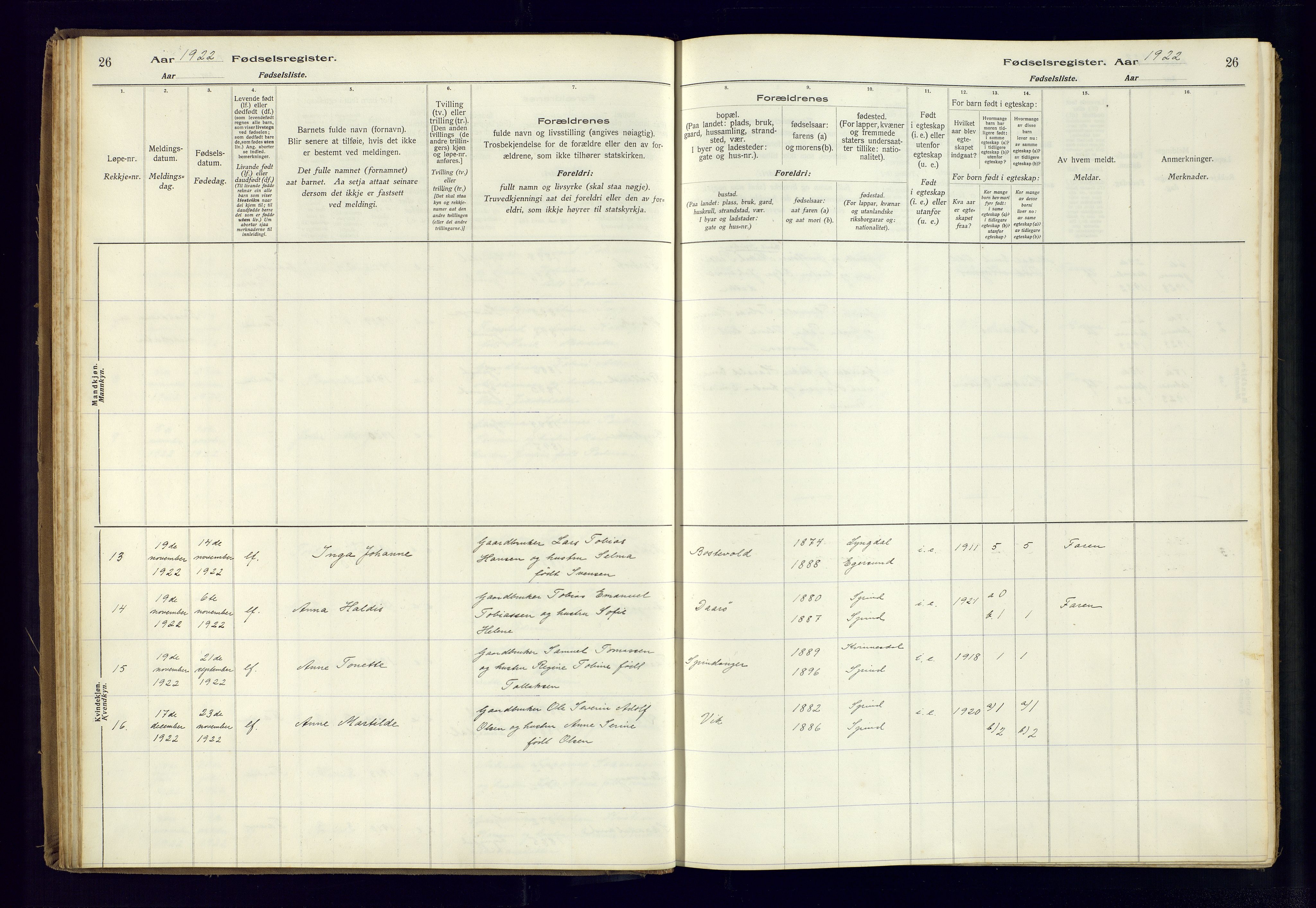 Farsund sokneprestkontor, AV/SAK-1111-0009/J/Ja/L0004: Fødselsregister nr. A-VI-11, 1916-1982, s. 26