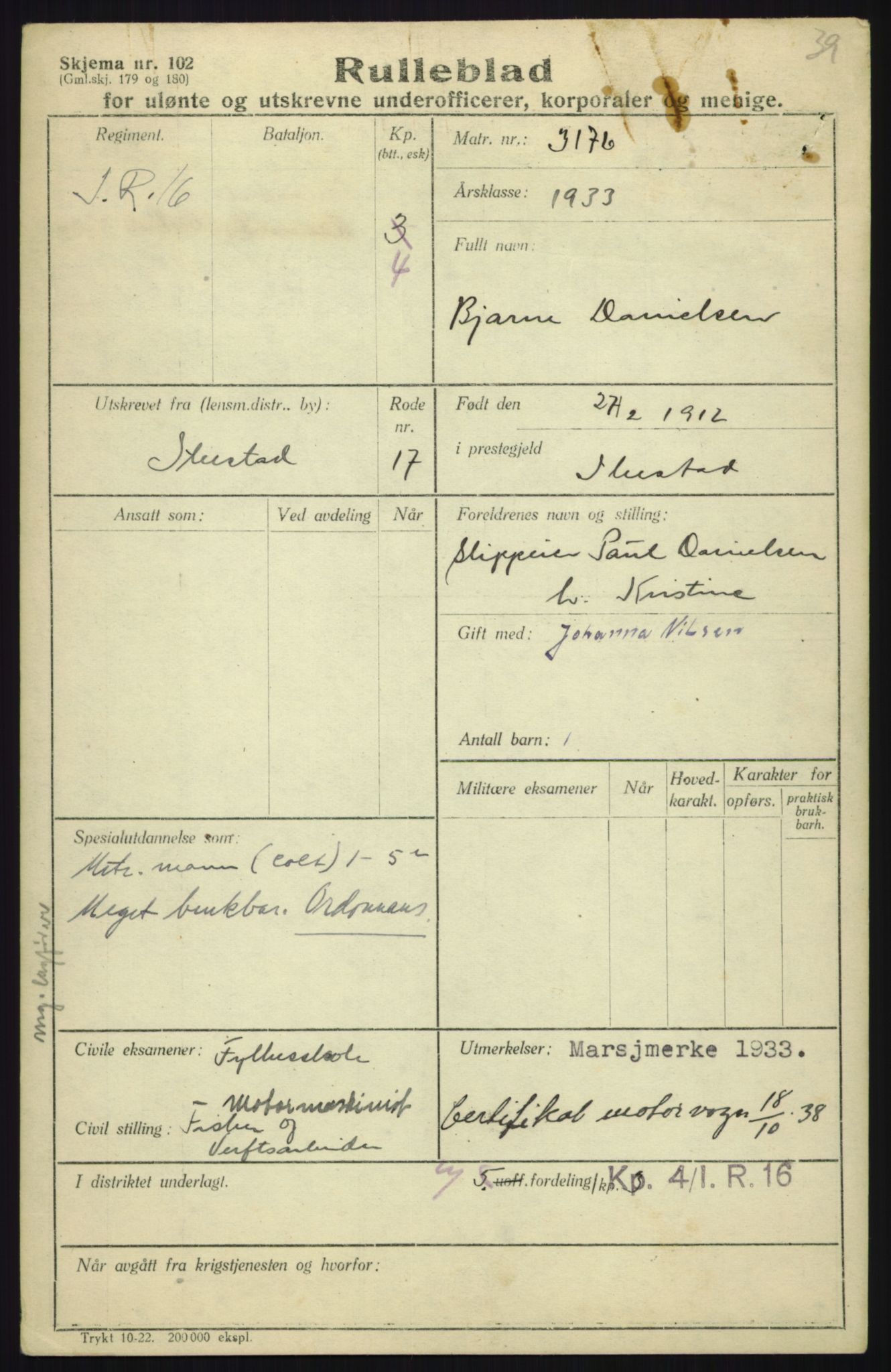 Forsvaret, Troms infanteriregiment nr. 16, AV/RA-RAFA-3146/P/Pa/L0017: Rulleblad for regimentets menige mannskaper, årsklasse 1933, 1933, s. 201