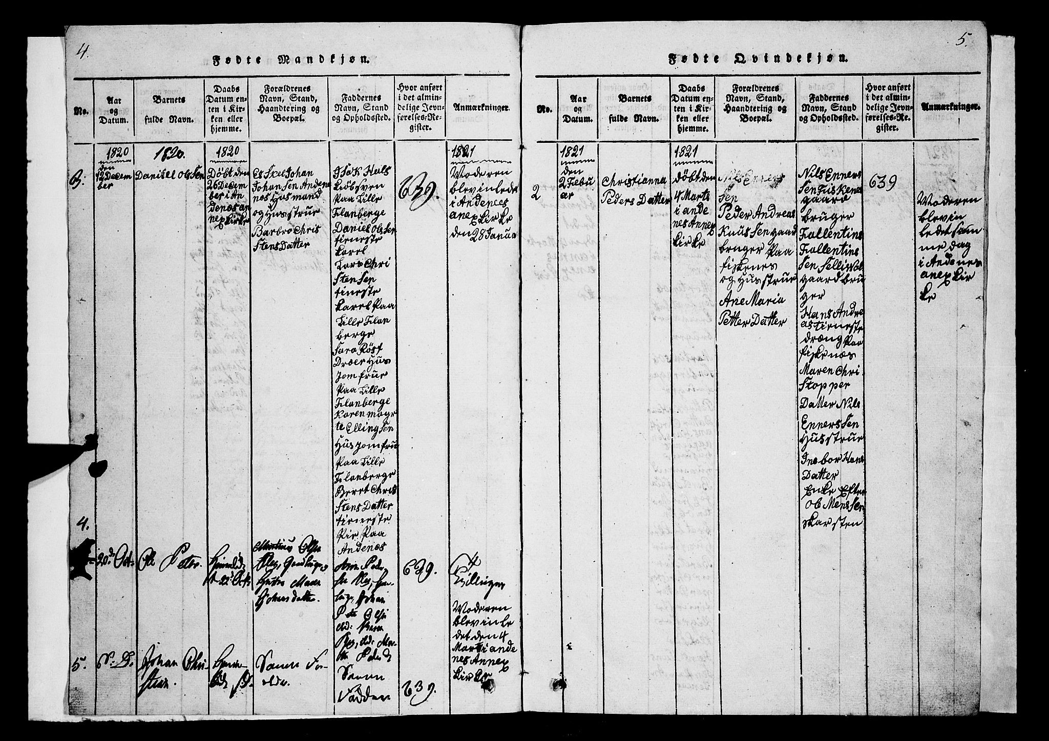 Ministerialprotokoller, klokkerbøker og fødselsregistre - Nordland, AV/SAT-A-1459/899/L1446: Klokkerbok nr. 899C01, 1820-1868, s. 4-5