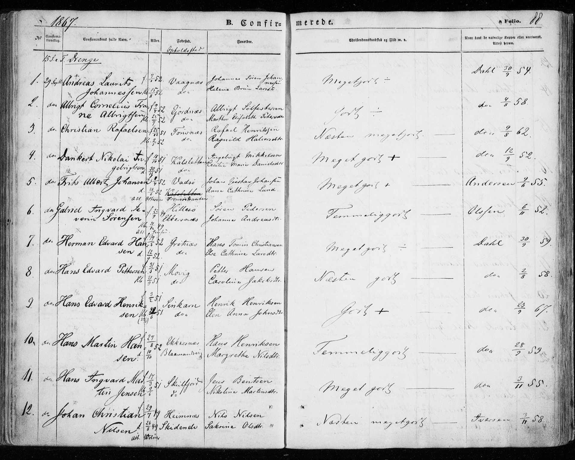Tromsøysund sokneprestkontor, AV/SATØ-S-1304/G/Ga/L0002kirke: Ministerialbok nr. 2, 1867-1875, s. 88
