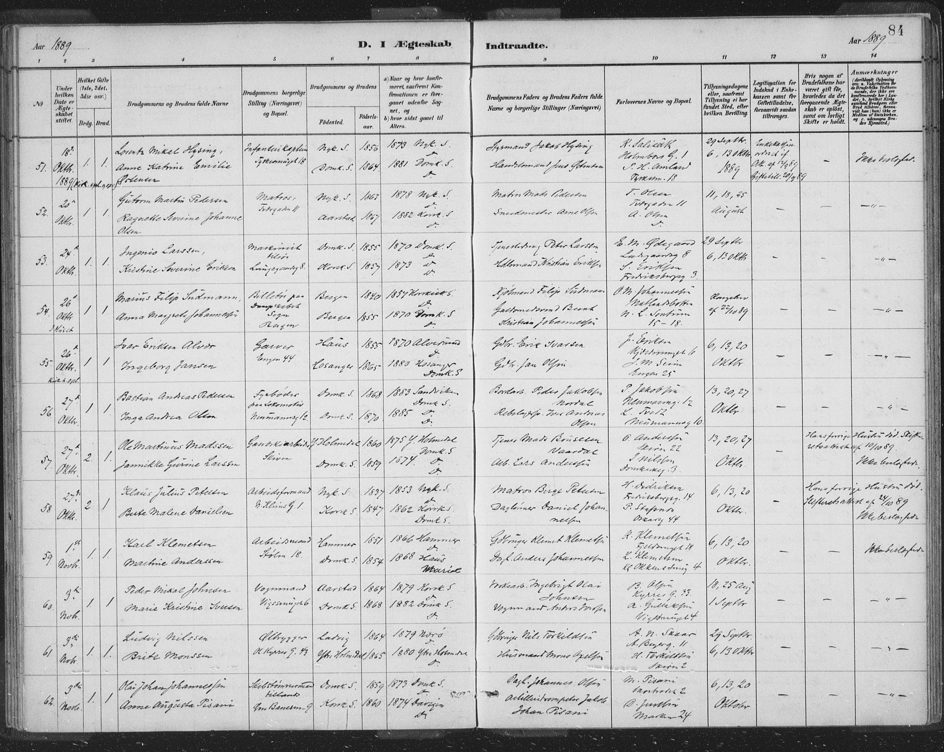 Domkirken sokneprestembete, AV/SAB-A-74801/H/Hab/L0032: Klokkerbok nr. D 4, 1880-1907, s. 84
