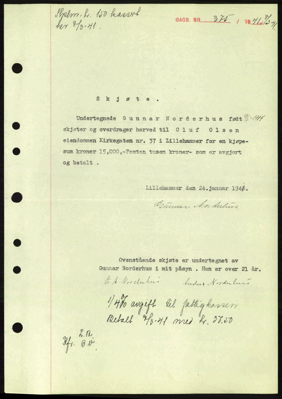 Sør-Gudbrandsdal tingrett, SAH/TING-004/H/Hb/Hbd/L0008: Pantebok nr. A8, 1940-1941, Dagboknr: 375/1941