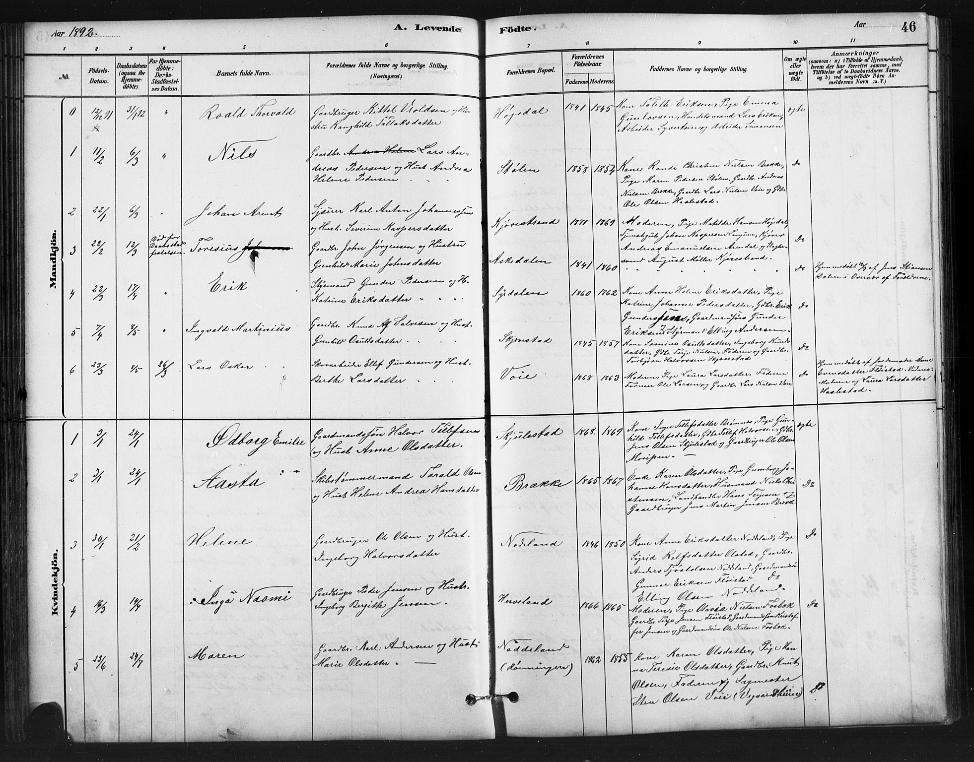 Austre Moland sokneprestkontor, AV/SAK-1111-0001/F/Fb/Fba/L0003: Klokkerbok nr. B 3, 1879-1914, s. 46