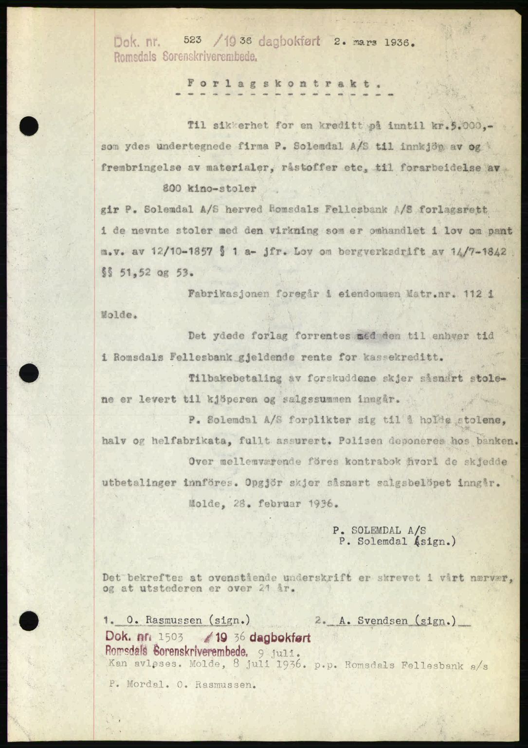 Romsdal sorenskriveri, SAT/A-4149/1/2/2C: Pantebok nr. B1, 1936-1939, Dagboknr: 523/1936