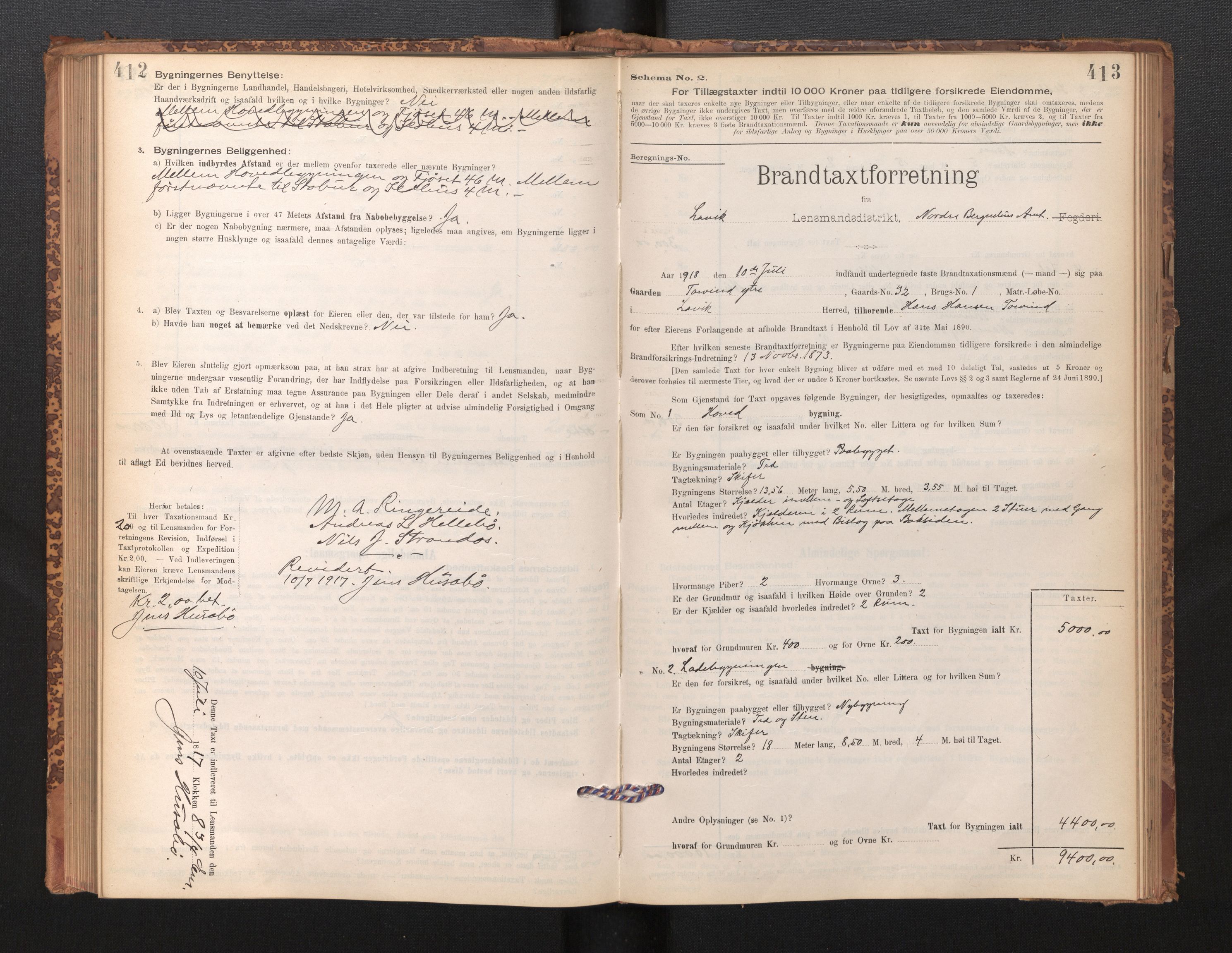 Lensmannen i Lavik, SAB/A-29101/0012/L0002: Branntakstprotokoll, skjematakst, 1895-1933, s. 412-413