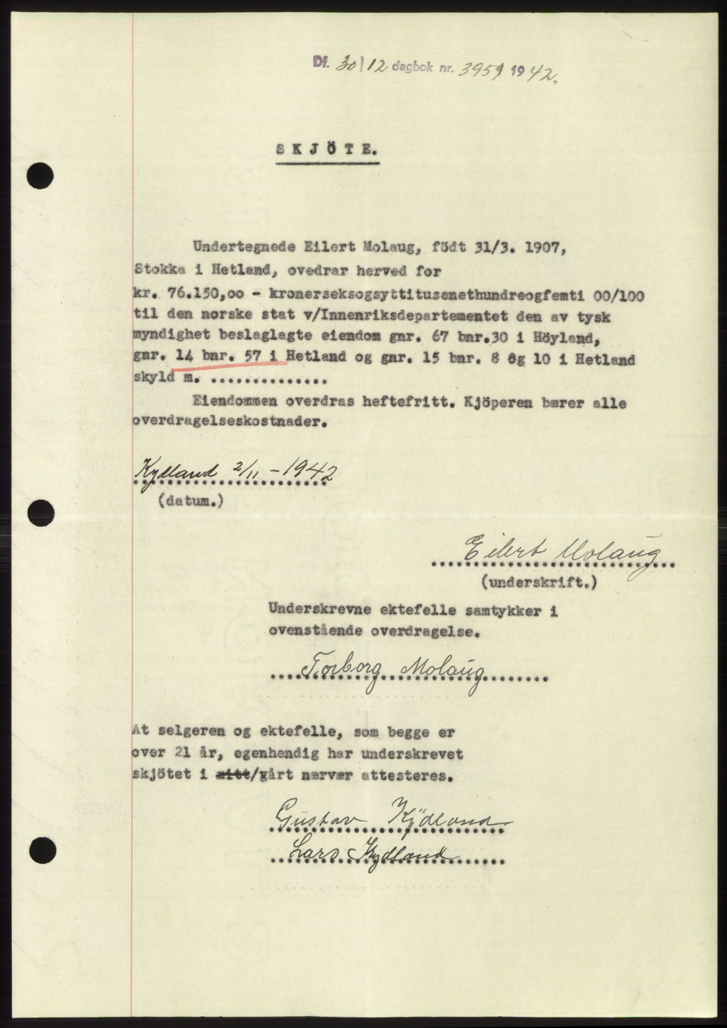 Jæren sorenskriveri, SAST/A-100310/03/G/Gba/L0083: Pantebok, 1942-1942, Dagboknr: 3959/1942