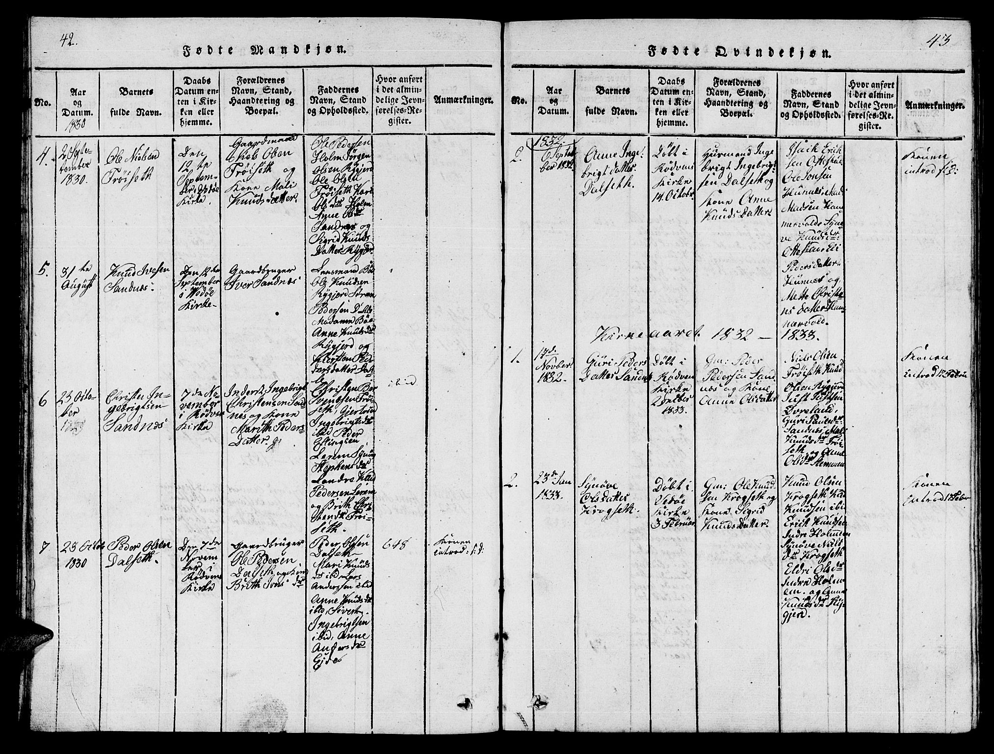 Ministerialprotokoller, klokkerbøker og fødselsregistre - Møre og Romsdal, SAT/A-1454/548/L0613: Klokkerbok nr. 548C01, 1818-1846, s. 42-43