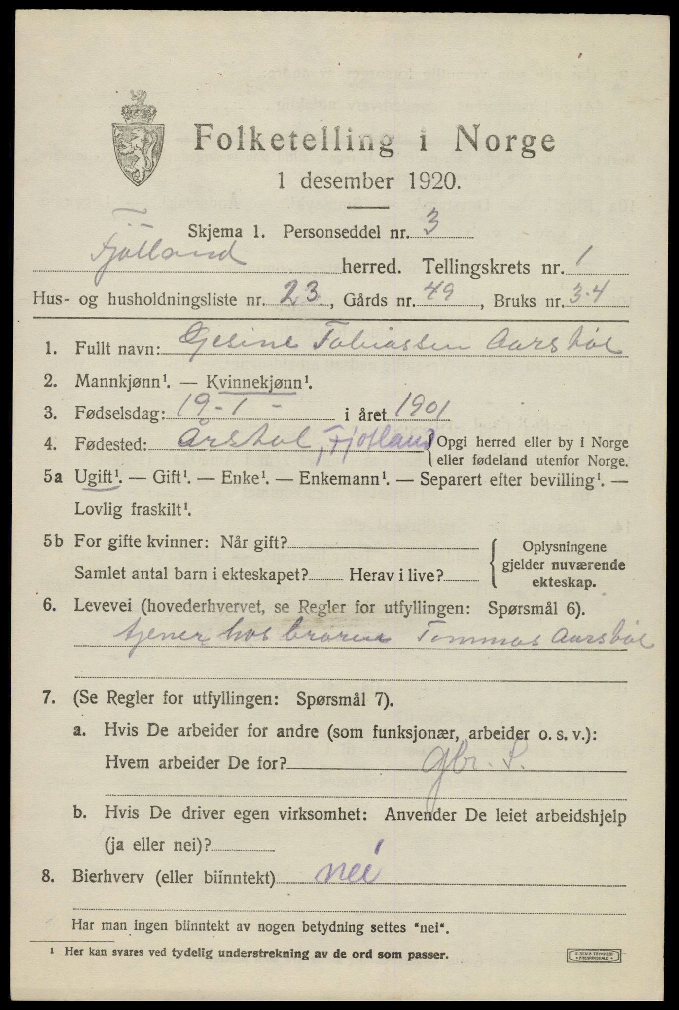 SAK, Folketelling 1920 for 1036 Fjotland herred, 1920, s. 680