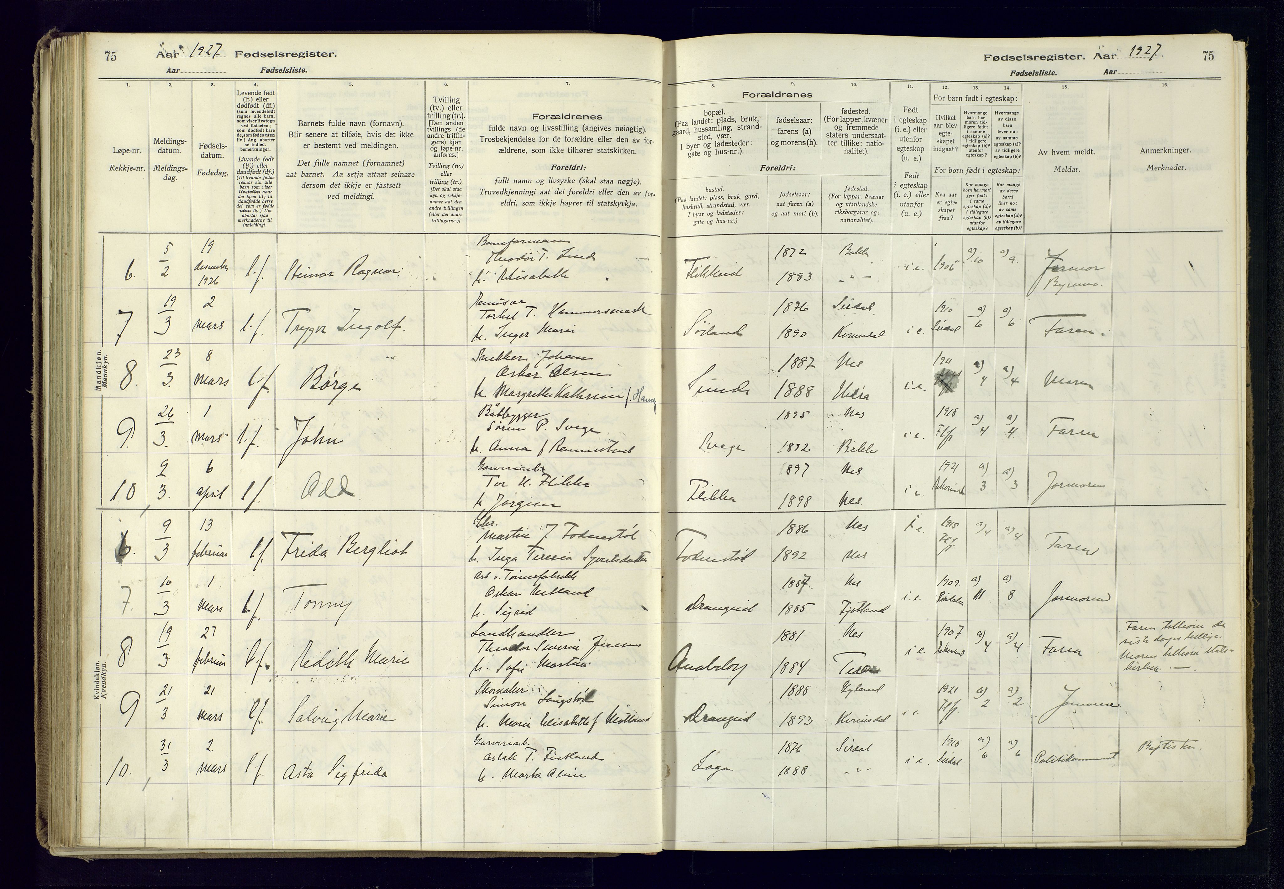 Flekkefjord sokneprestkontor, AV/SAK-1111-0012/J/Ja/L0005: Fødselsregister nr. 5, 1916-1950, s. 75