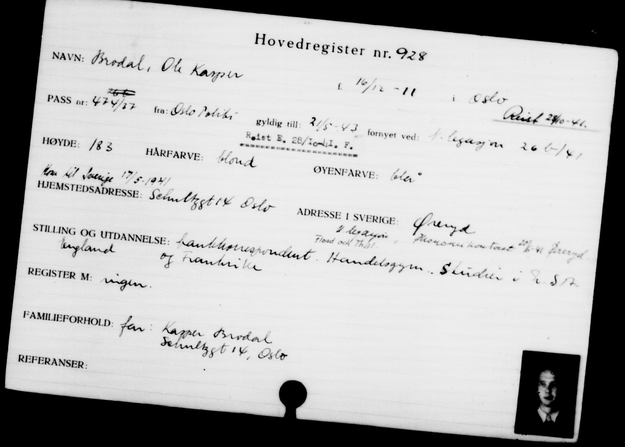 Utenriksstasjonene, Legasjonen i Stockholm, Flyktningkontoret, AV/RA-S-6753/V/Va/L0001: Kjesäterkartoteket, flyktninger med registreringsnr. 1-1000, 1940-1945, s. 1454