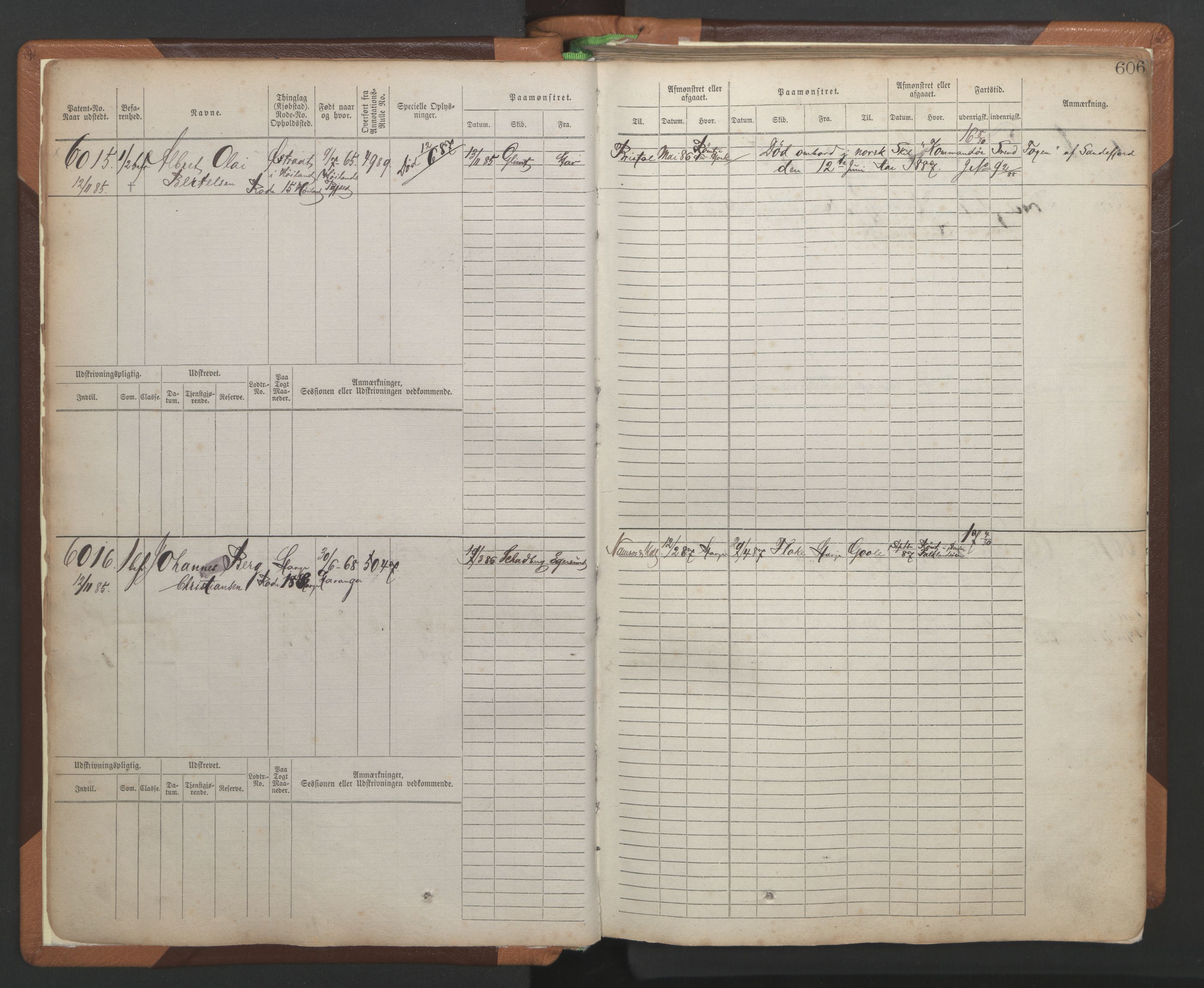 Stavanger sjømannskontor, AV/SAST-A-102006/F/Fb/Fbb/L0010: Sjøfartshovedrulle, patentnr. 6007-6606 (del 1), 1887-1896, s. 10