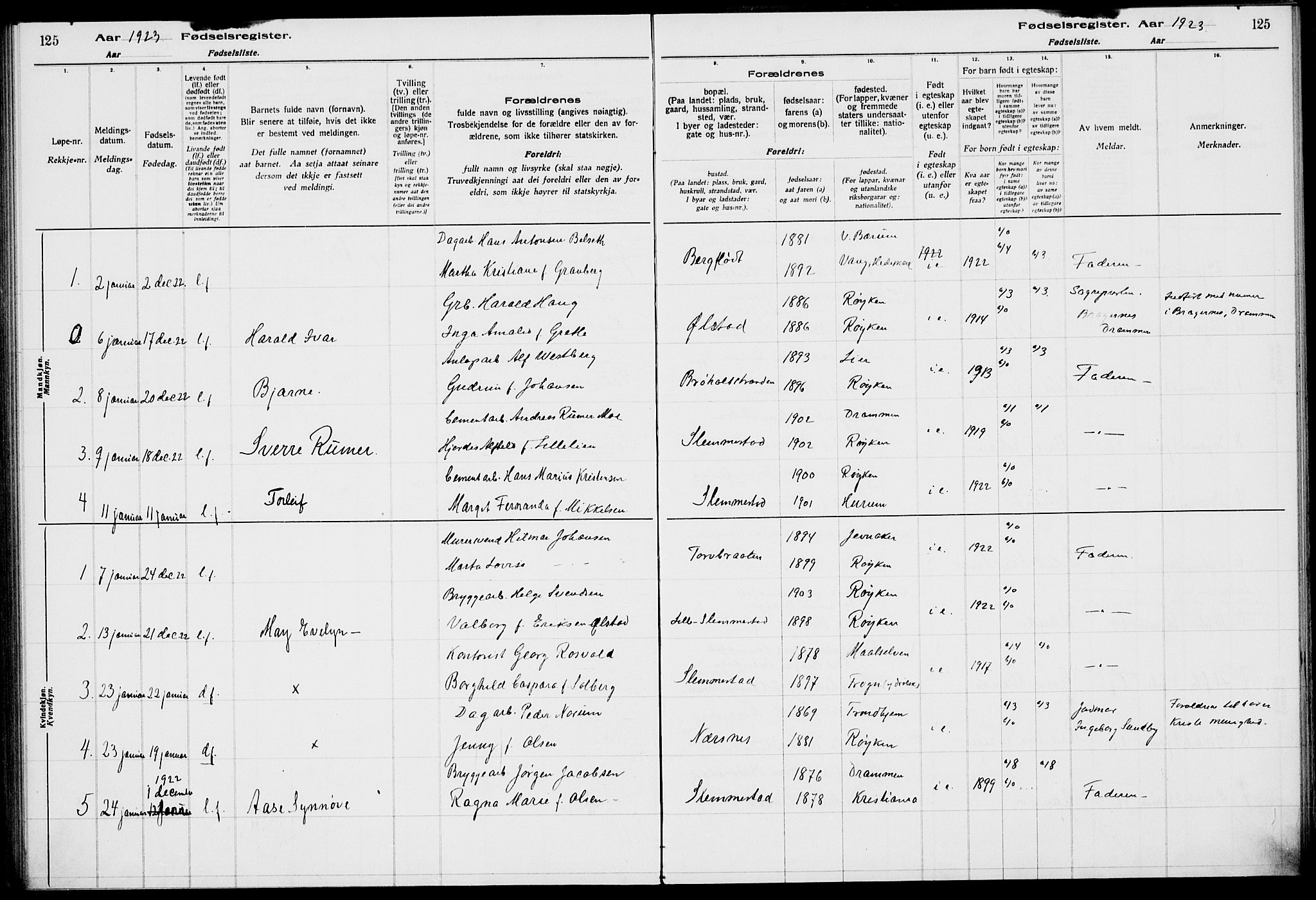 Røyken kirkebøker, SAKO/A-241/J/Ja/L0001: Fødselsregister nr. 1, 1916-1927, s. 125