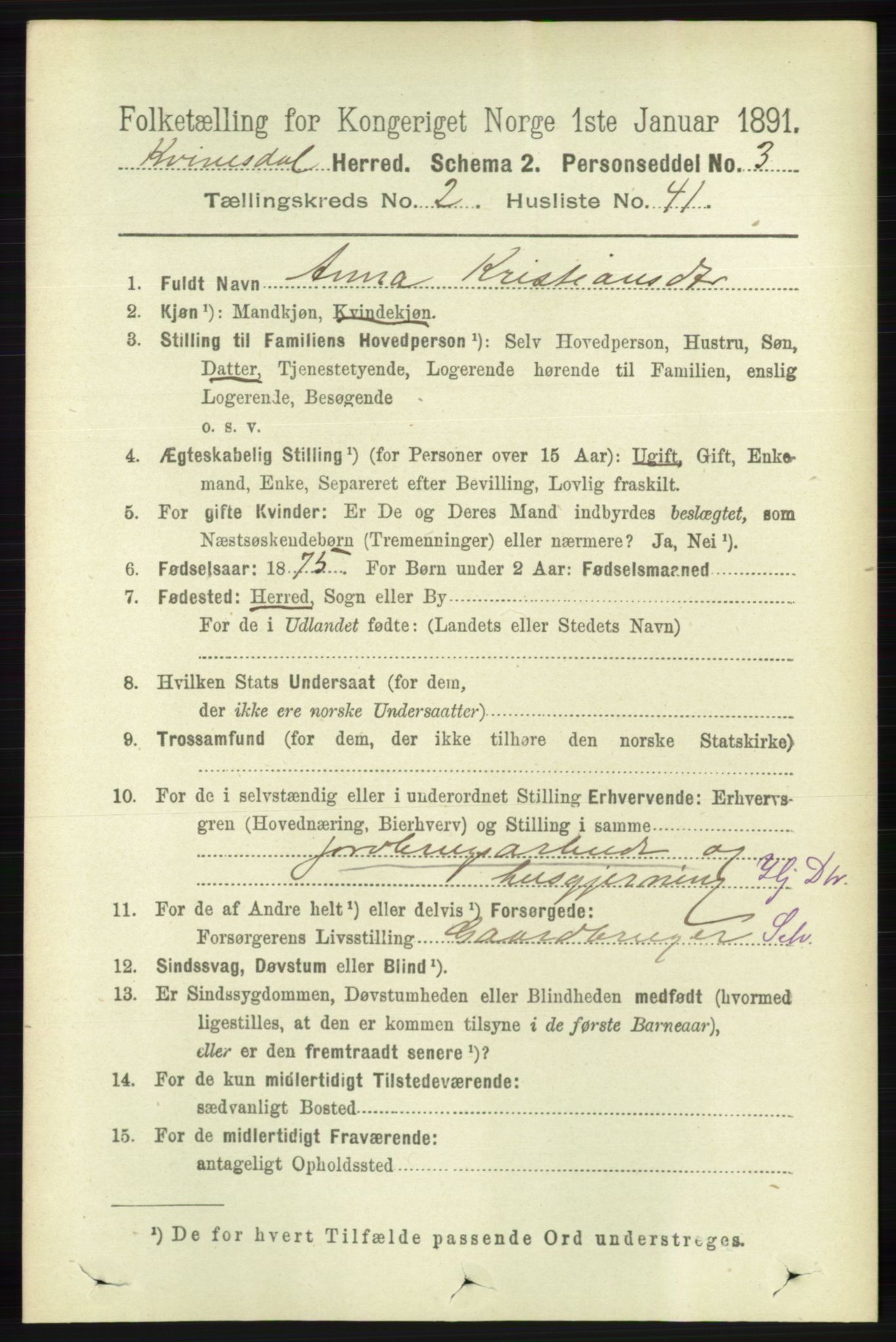 RA, Folketelling 1891 for 1037 Kvinesdal herred, 1891, s. 578