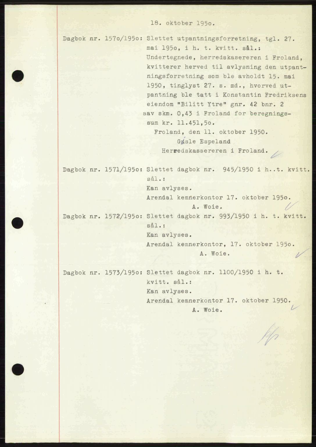 Nedenes sorenskriveri, SAK/1221-0006/G/Gb/Gba/L0063: Pantebok nr. A15, 1950-1950, Dagboknr: 1570/1950