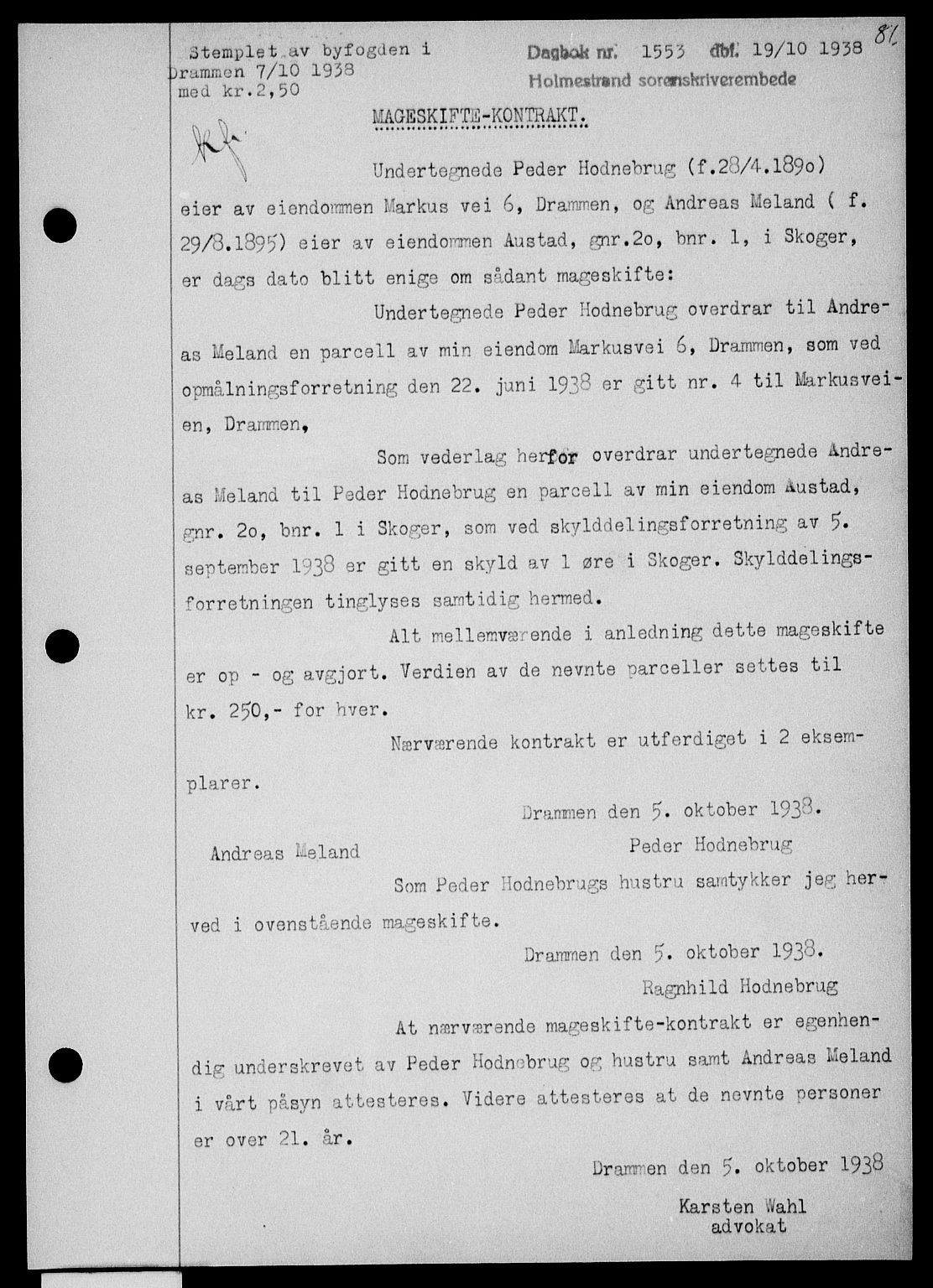 Holmestrand sorenskriveri, SAKO/A-67/G/Ga/Gaa/L0050: Pantebok nr. A-50, 1938-1939, Dagboknr: 1553/1938