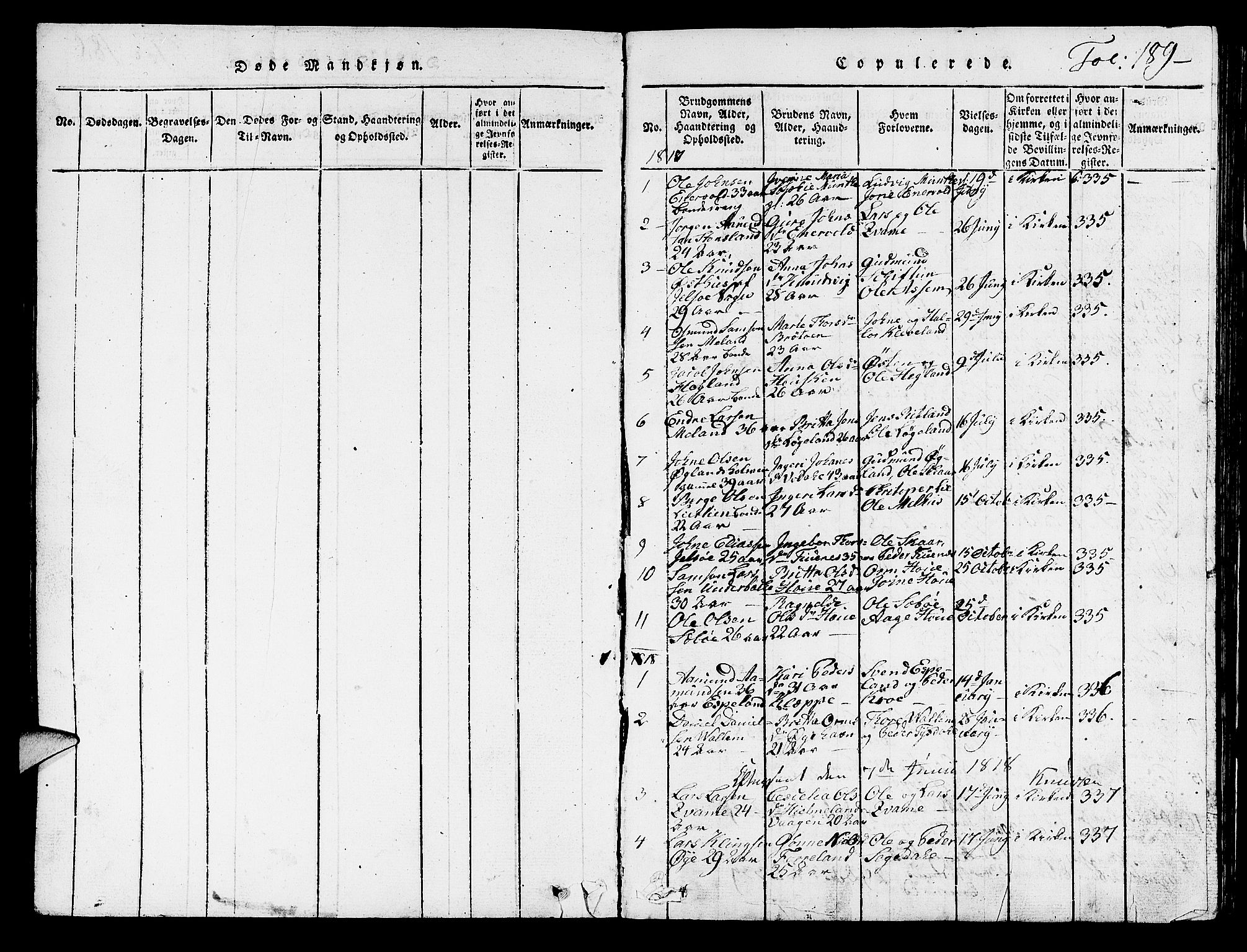 Hjelmeland sokneprestkontor, AV/SAST-A-101843/01/V/L0001: Klokkerbok nr. B 1, 1816-1841, s. 189