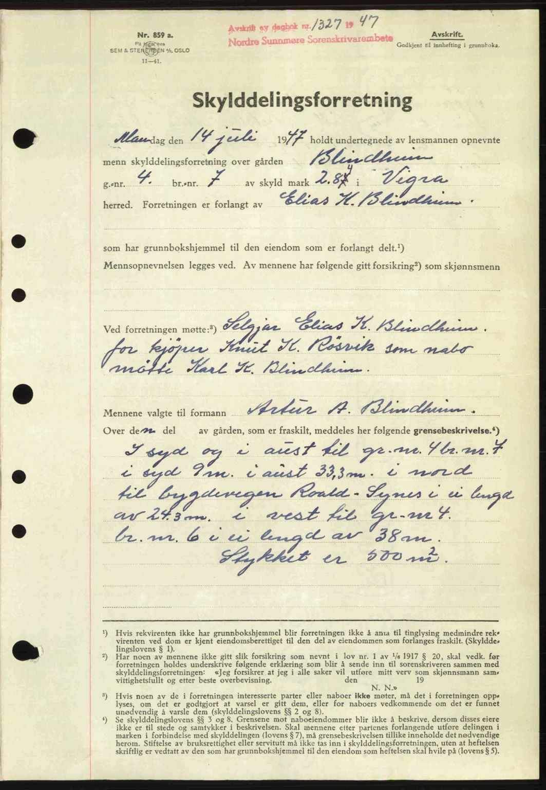 Nordre Sunnmøre sorenskriveri, AV/SAT-A-0006/1/2/2C/2Ca: Pantebok nr. A25, 1947-1947, Dagboknr: 1327/1947