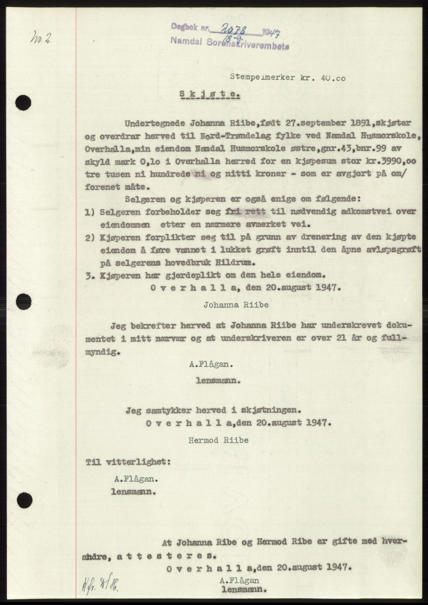 Namdal sorenskriveri, SAT/A-4133/1/2/2C: Pantebok nr. -, 1947-1947, Dagboknr: 2078/1947
