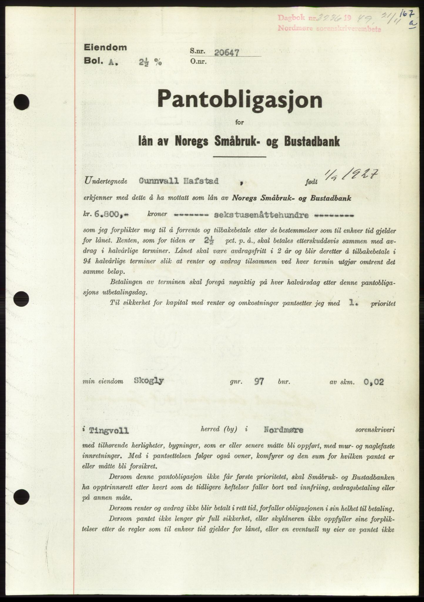 Nordmøre sorenskriveri, SAT/A-4132/1/2/2Ca: Pantebok nr. B103, 1949-1950, Dagboknr: 3236/1949