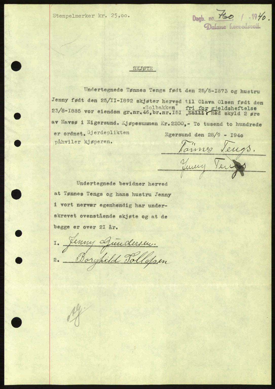 Dalane sorenskriveri, SAST/A-100309/02/G/Gb/L0044: Pantebok nr. A5, 1940-1941, Dagboknr: 760/1940