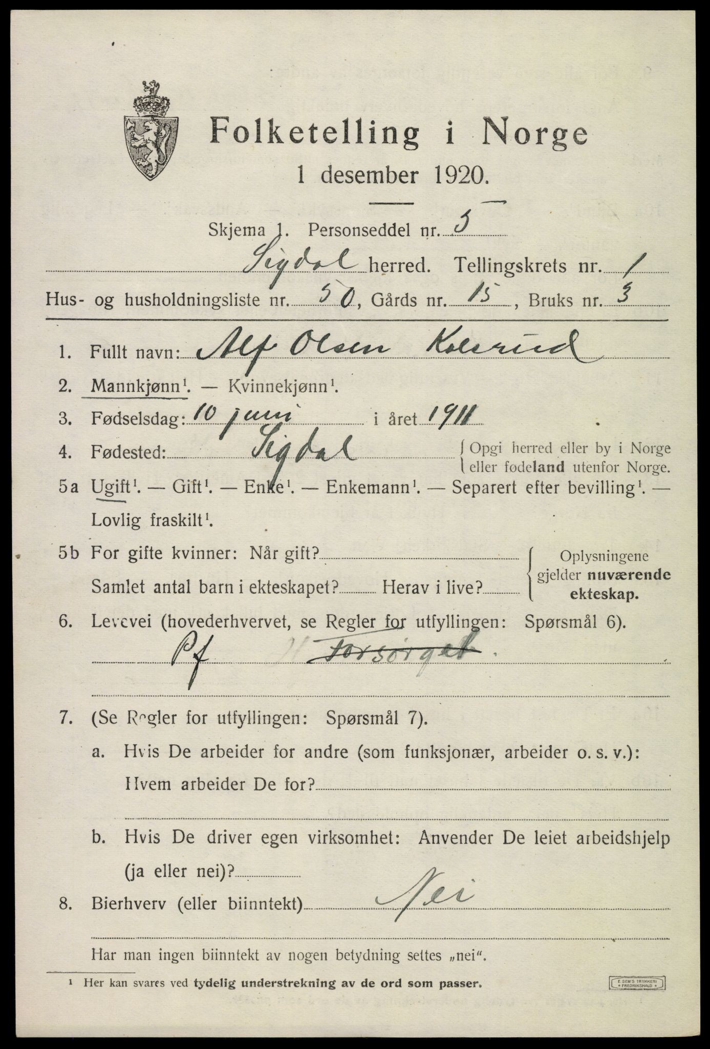 SAKO, Folketelling 1920 for 0621 Sigdal herred, 1920, s. 2016