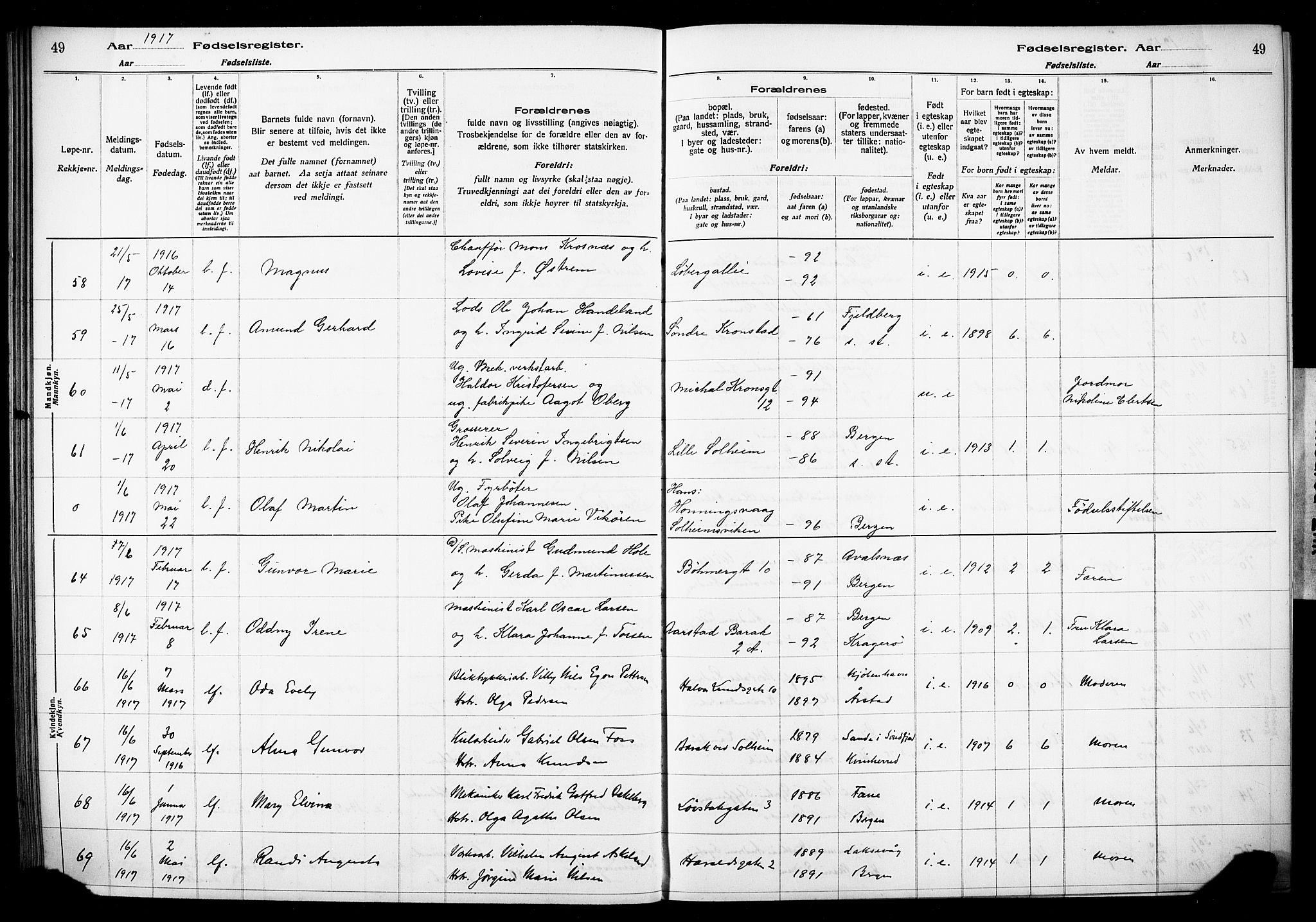 Årstad Sokneprestembete, AV/SAB-A-79301/I/Id/L0A01: Fødselsregister nr. A 1, 1916-1920, s. 49