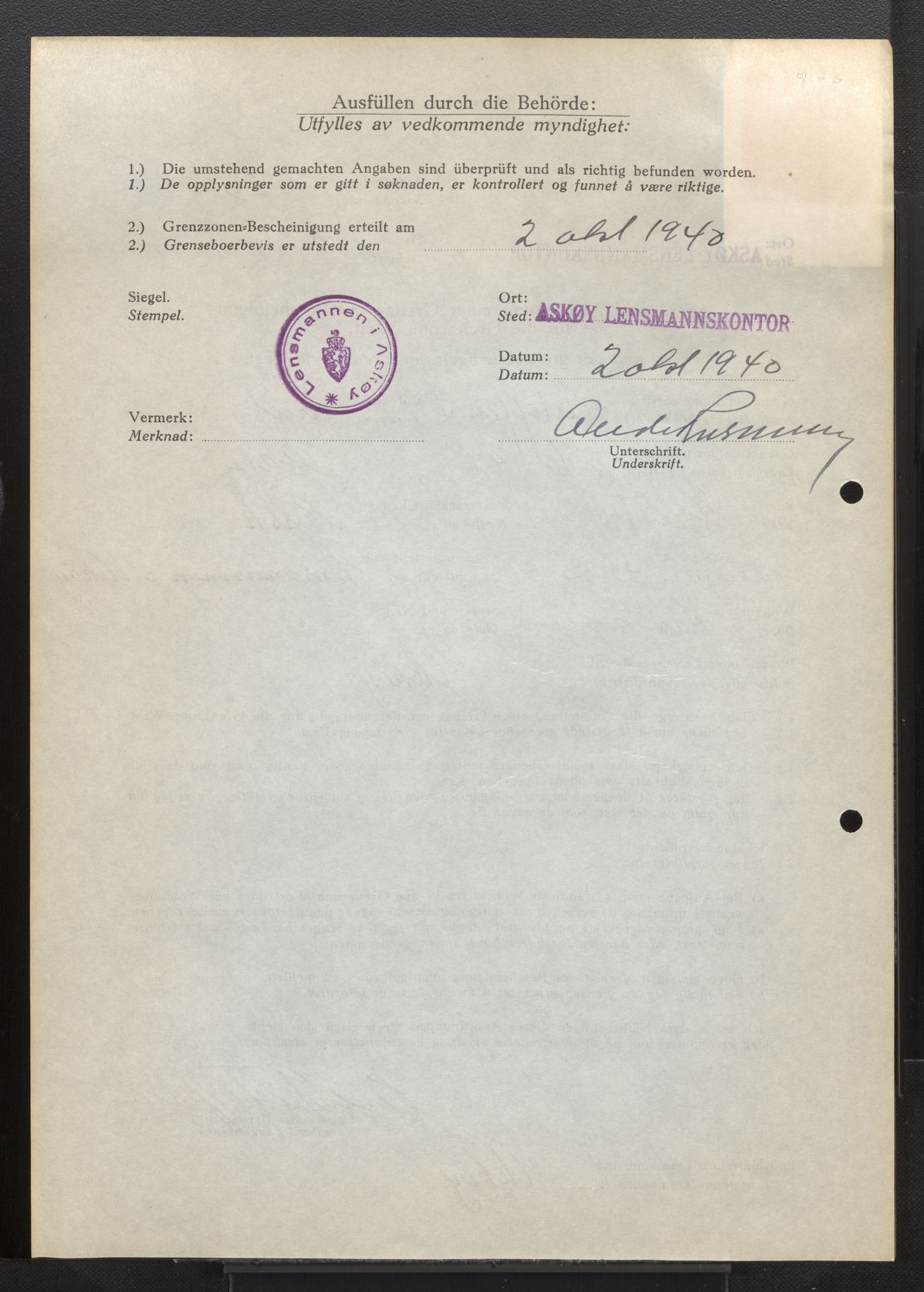 Lensmannen i Askøy, SAB/A-31001/0026/L0004: Søknader om grensebuarbevis 426 - 850, 1940, s. 274