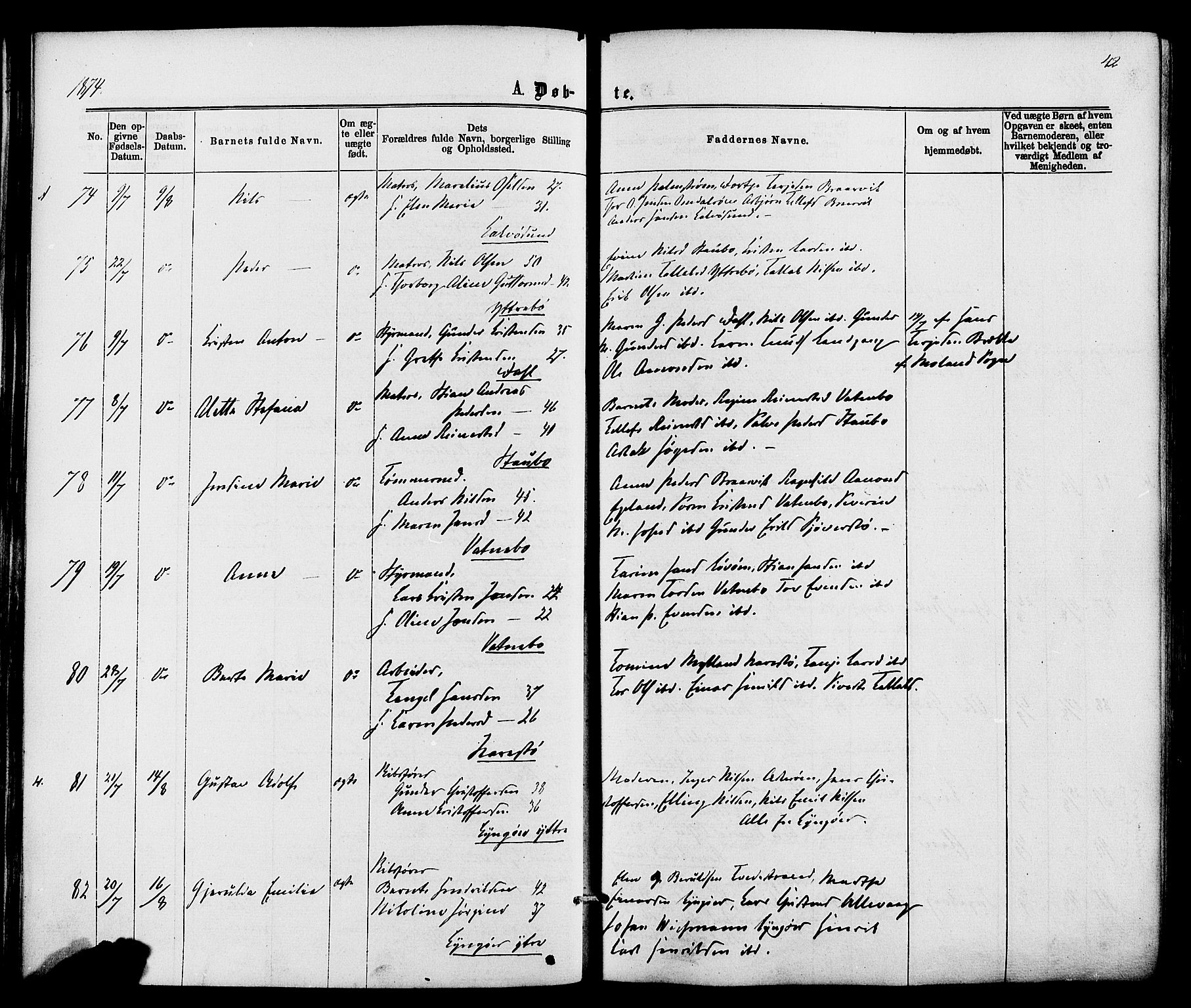 Dypvåg sokneprestkontor, AV/SAK-1111-0007/F/Fa/Faa/L0007: Ministerialbok nr. A 7/ 1, 1872-1884, s. 42