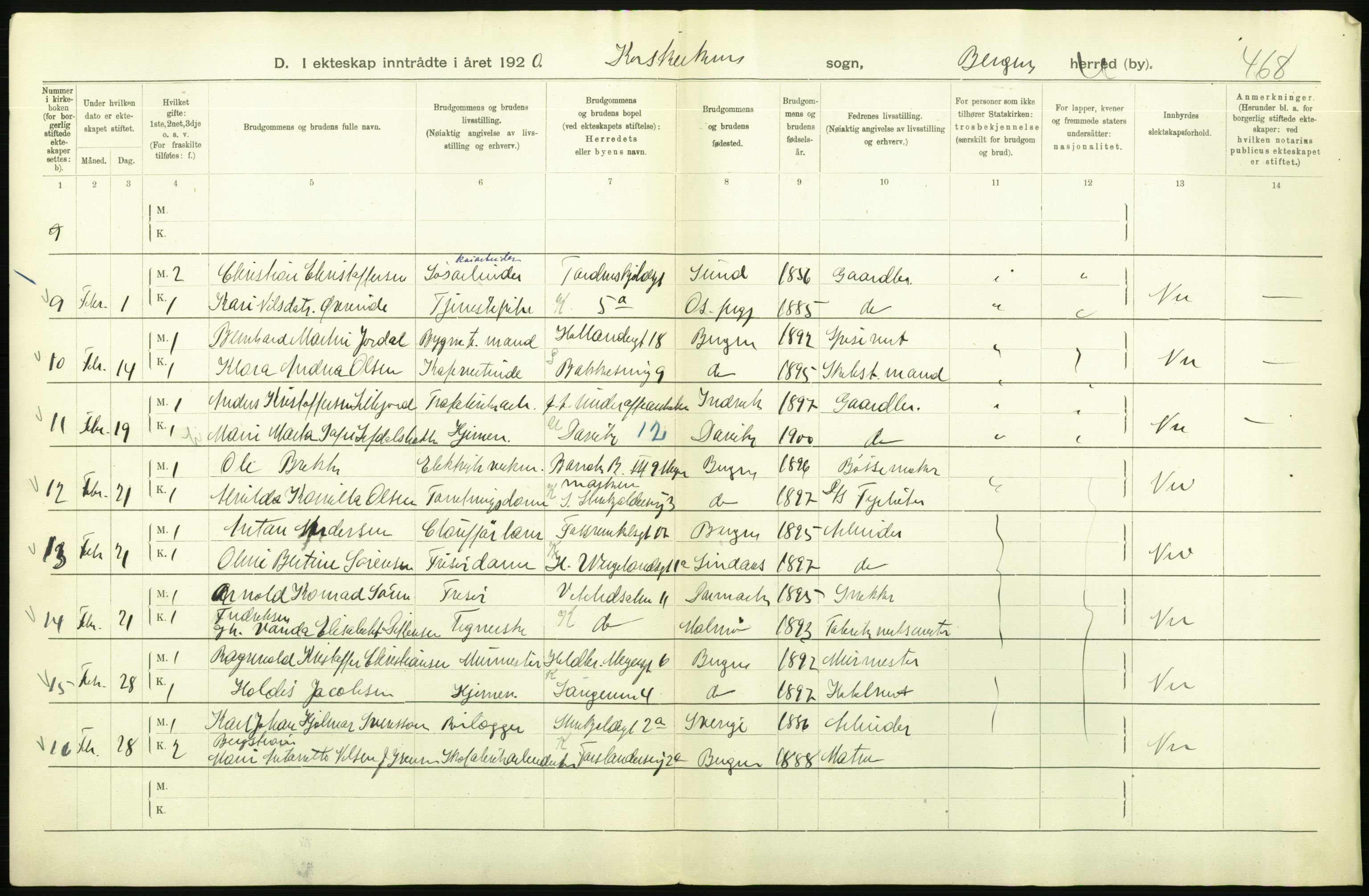 Statistisk sentralbyrå, Sosiodemografiske emner, Befolkning, AV/RA-S-2228/D/Df/Dfb/Dfbj/L0042: Bergen: Gifte, døde, dødfødte., 1920, s. 214