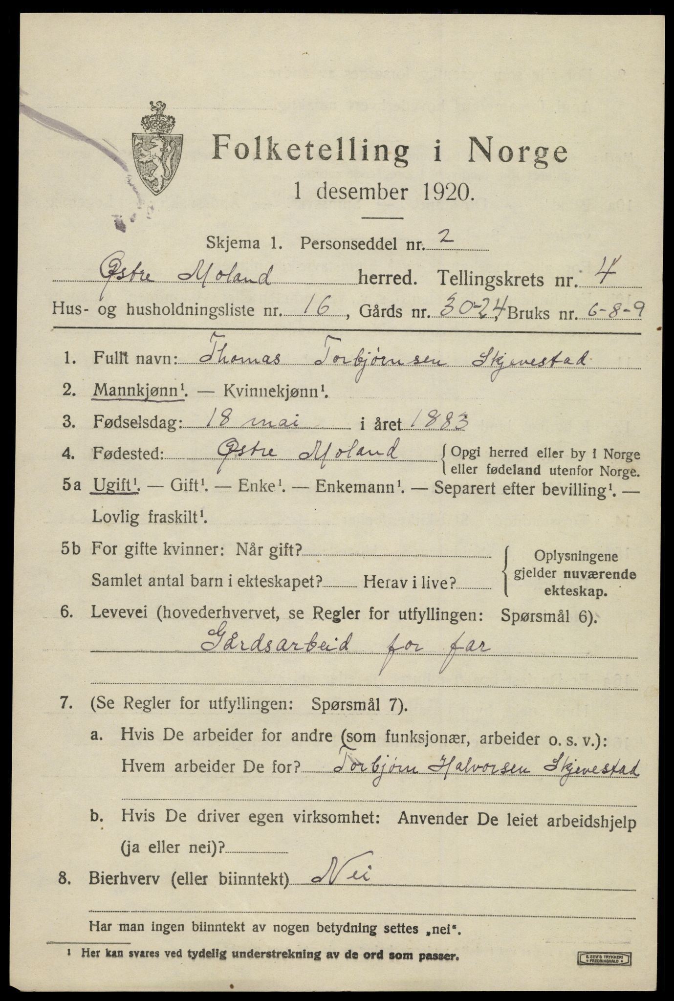 SAK, Folketelling 1920 for 0918 Austre Moland herred, 1920, s. 2223