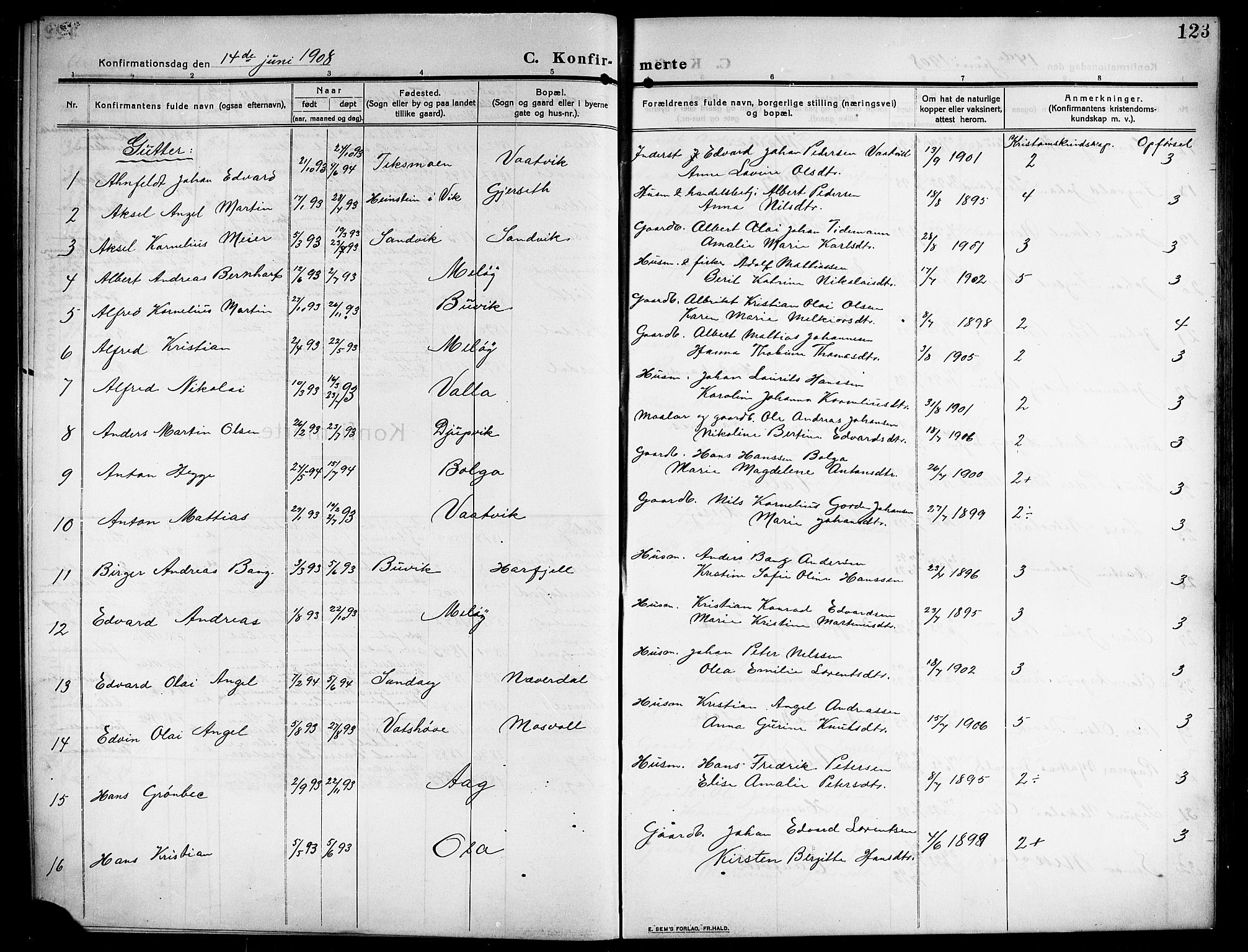 Ministerialprotokoller, klokkerbøker og fødselsregistre - Nordland, AV/SAT-A-1459/843/L0639: Klokkerbok nr. 843C08, 1908-1924, s. 123