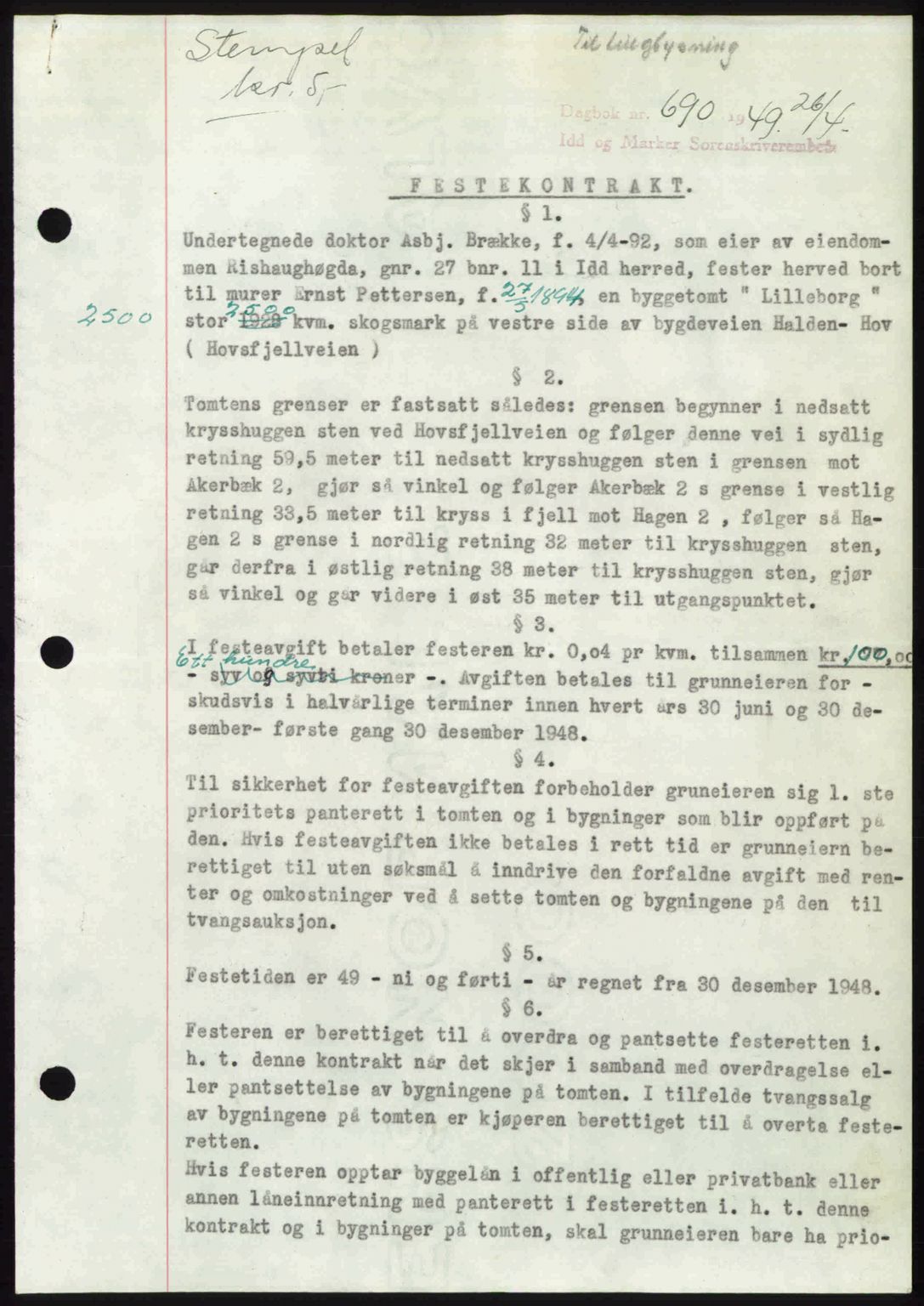 Idd og Marker sorenskriveri, AV/SAO-A-10283/G/Gb/Gbb/L0012: Pantebok nr. A12, 1949-1949, Dagboknr: 690/1949