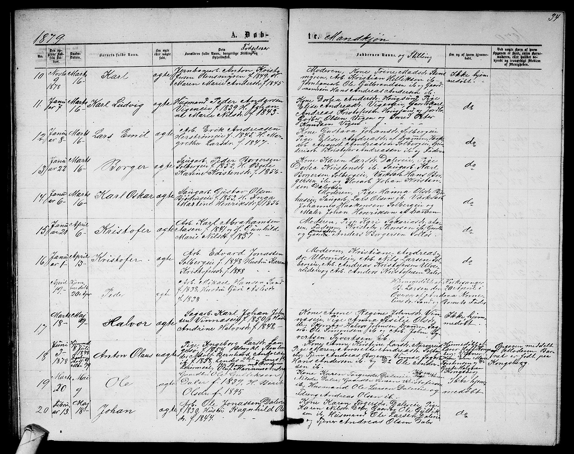Nedre Eiker kirkebøker, AV/SAKO-A-612/G/Ga/L0001: Klokkerbok nr. 1, 1873-1880, s. 34