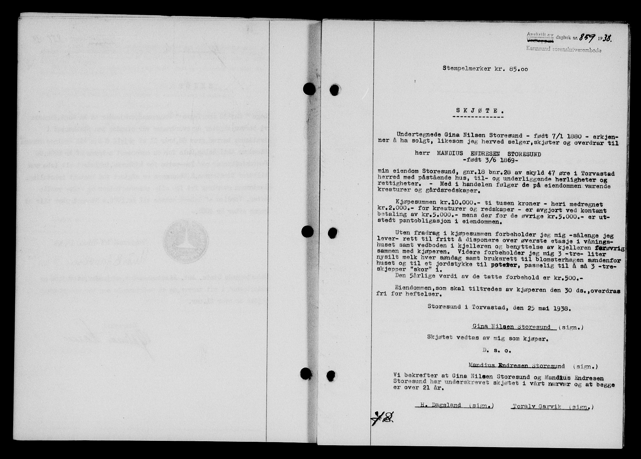 Karmsund sorenskriveri, SAST/A-100311/01/II/IIB/L0069: Pantebok nr. 50A, 1937-1938, Dagboknr: 859/1938